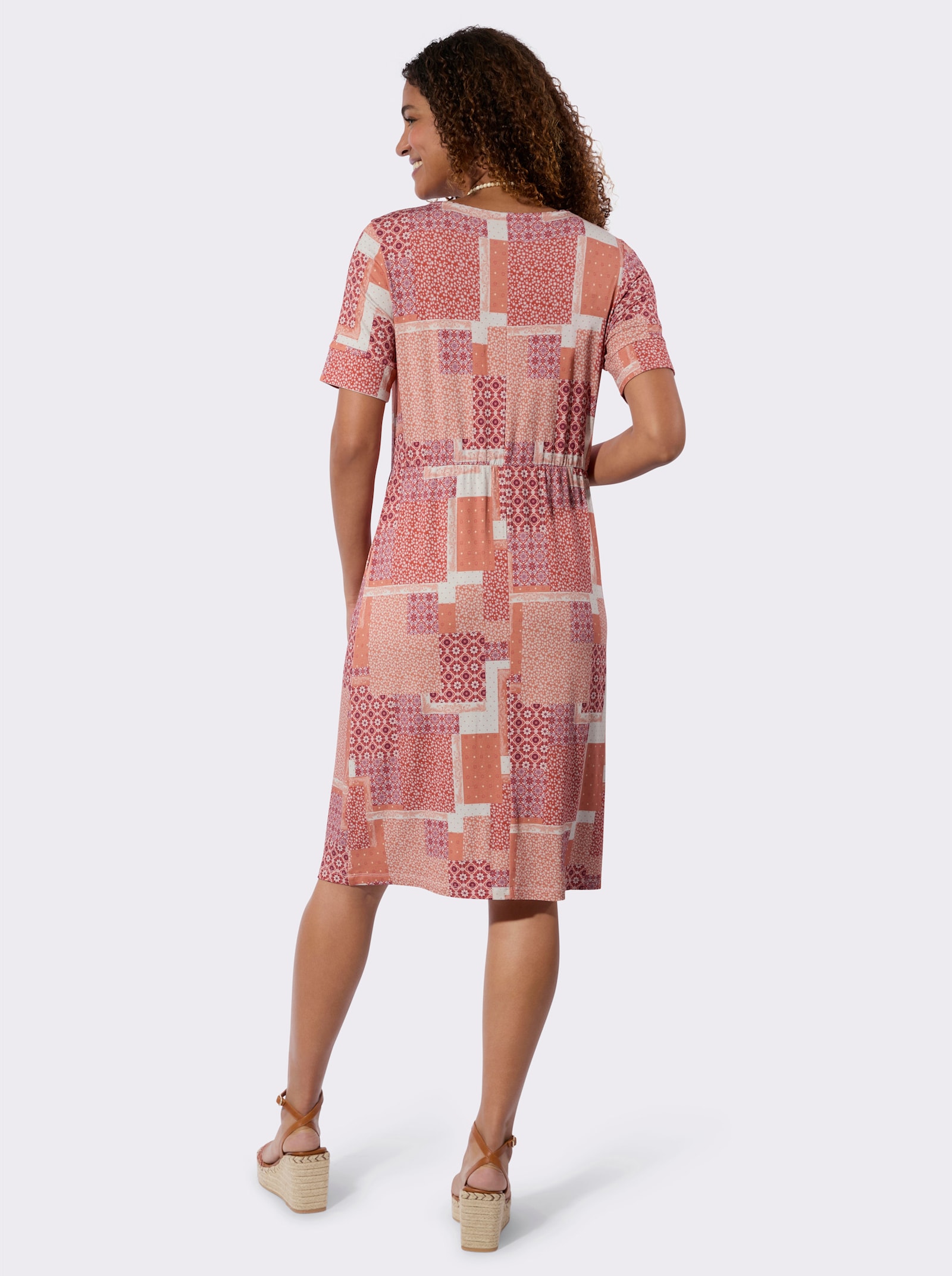 Jerseykleid mit Taillennaht - champagner-papaya-bedruckt