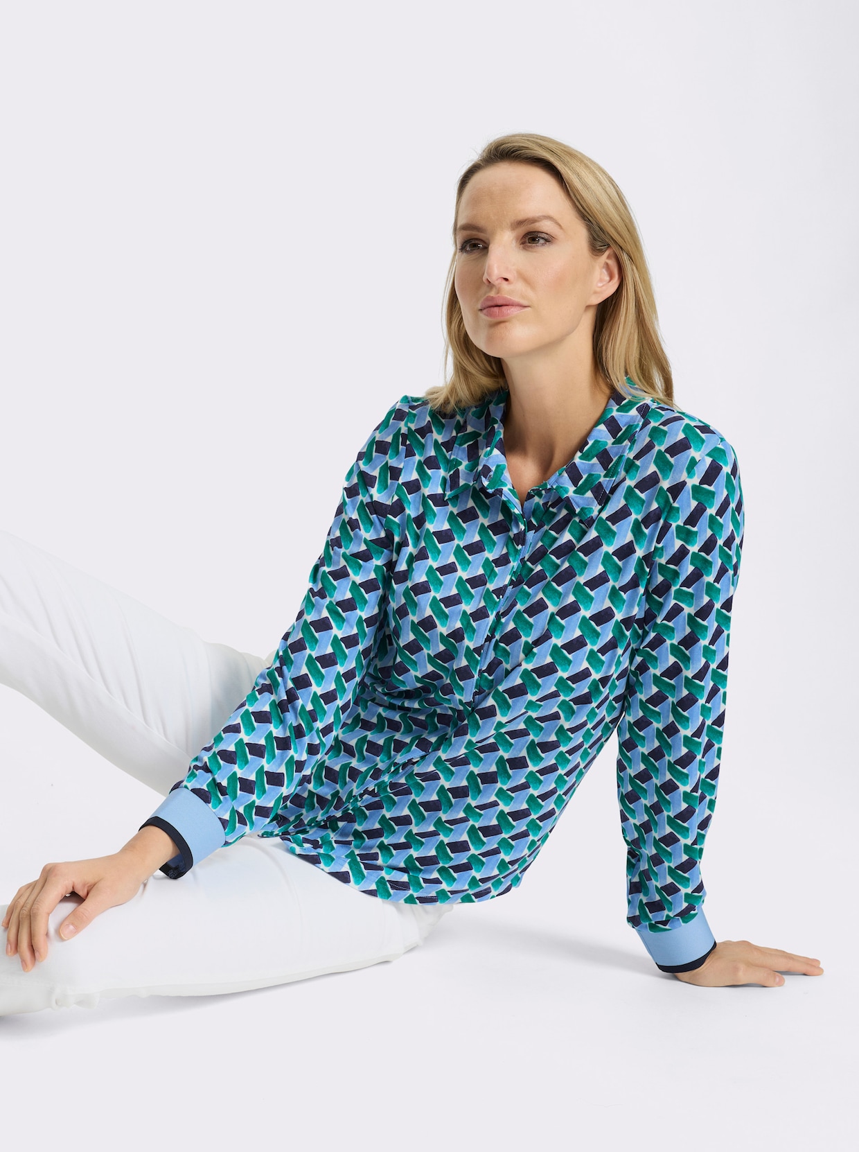 heine Druckbluse - himmelblau-grün-bedruckt