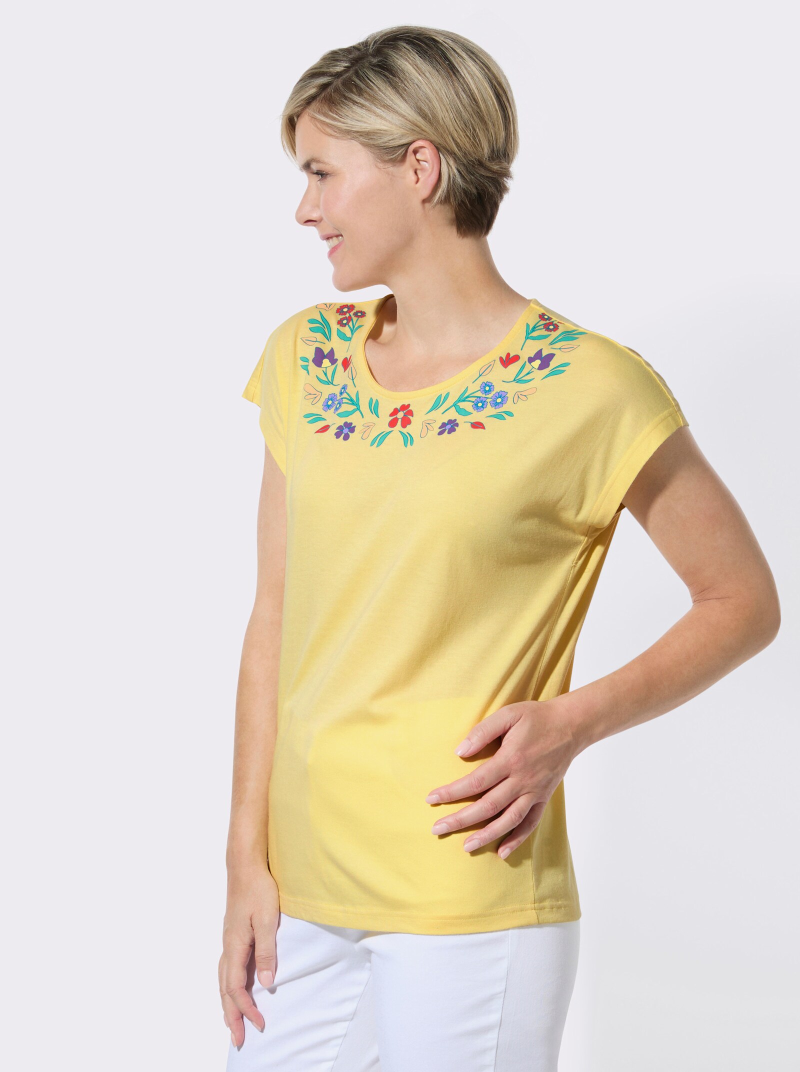 Rundhalsshirt mit floralem Print - zitrone