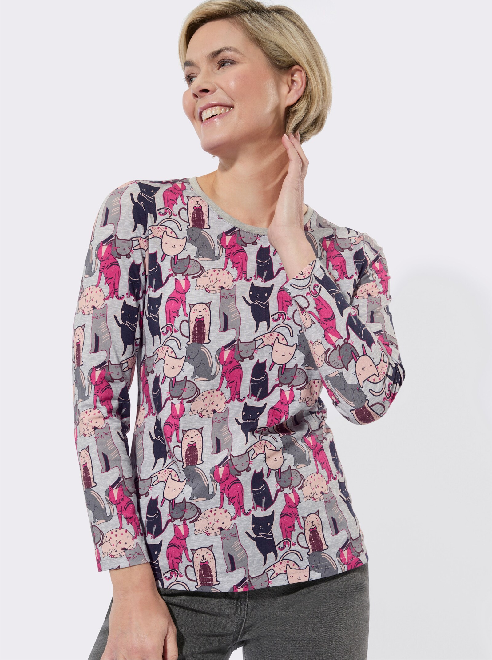 Print-Shirt mit Katzen-Dessin - steingrau-malve-bedruckt