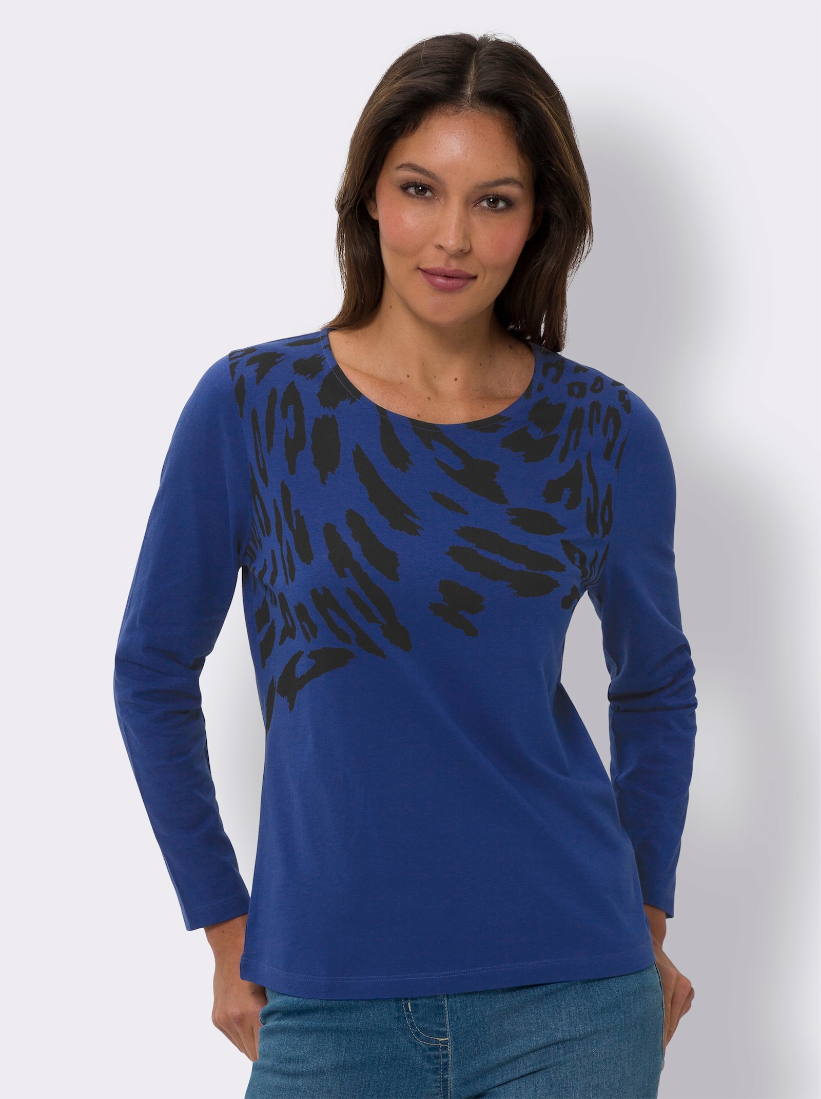 Långärmad topp med leopardtryck - kungsblå-svart