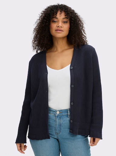 sheego Ajourstrickjacke mit V-Ausschnitt - tiefblau