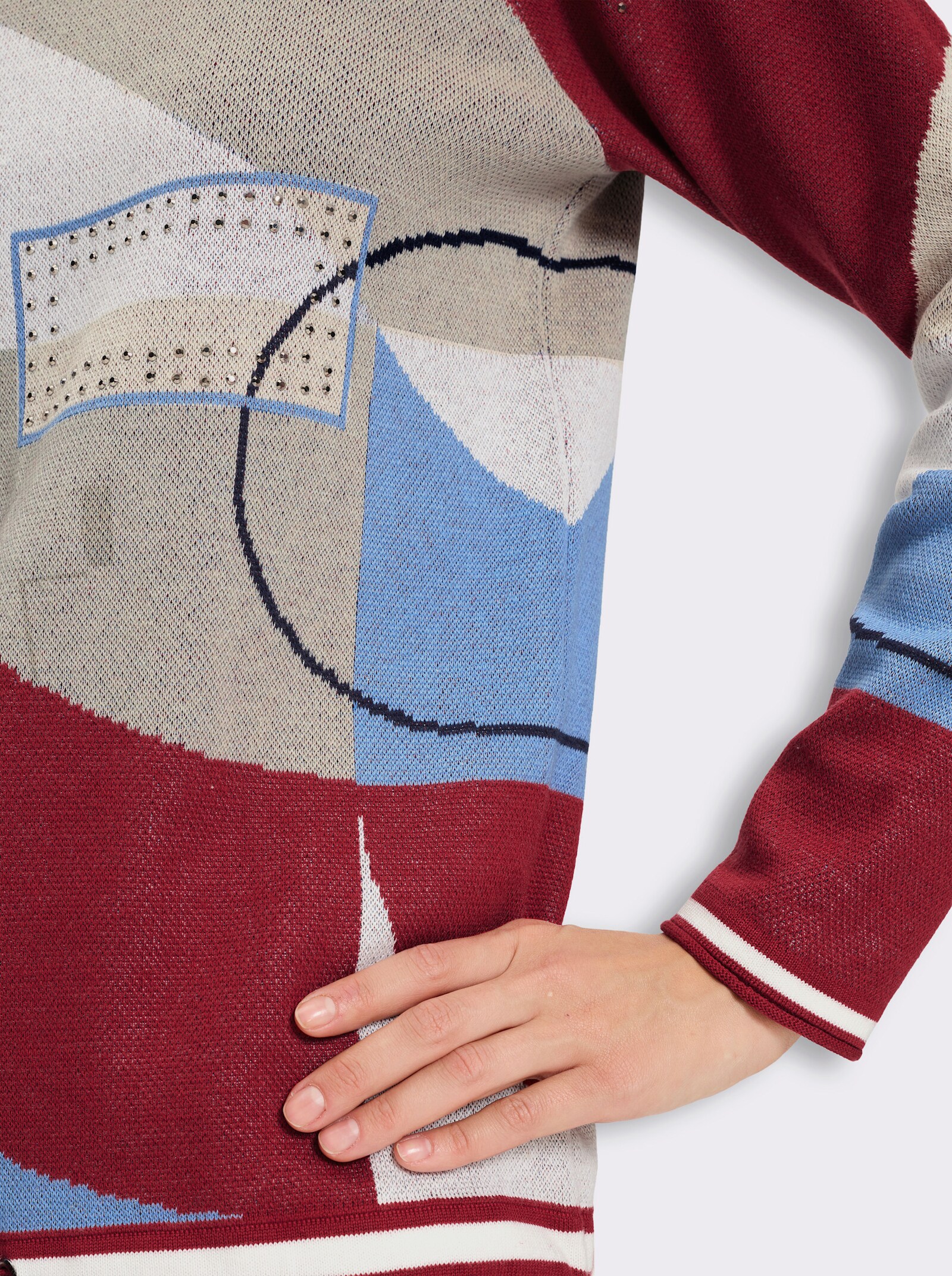 Jacquard-Pullover mit Glitzersteinchen - kirsche-himmelblau-bedruckt