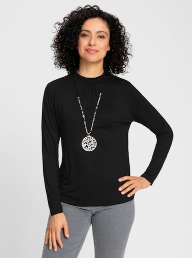 Stehkragenshirt mit gesmokten Kragen - schwarz
