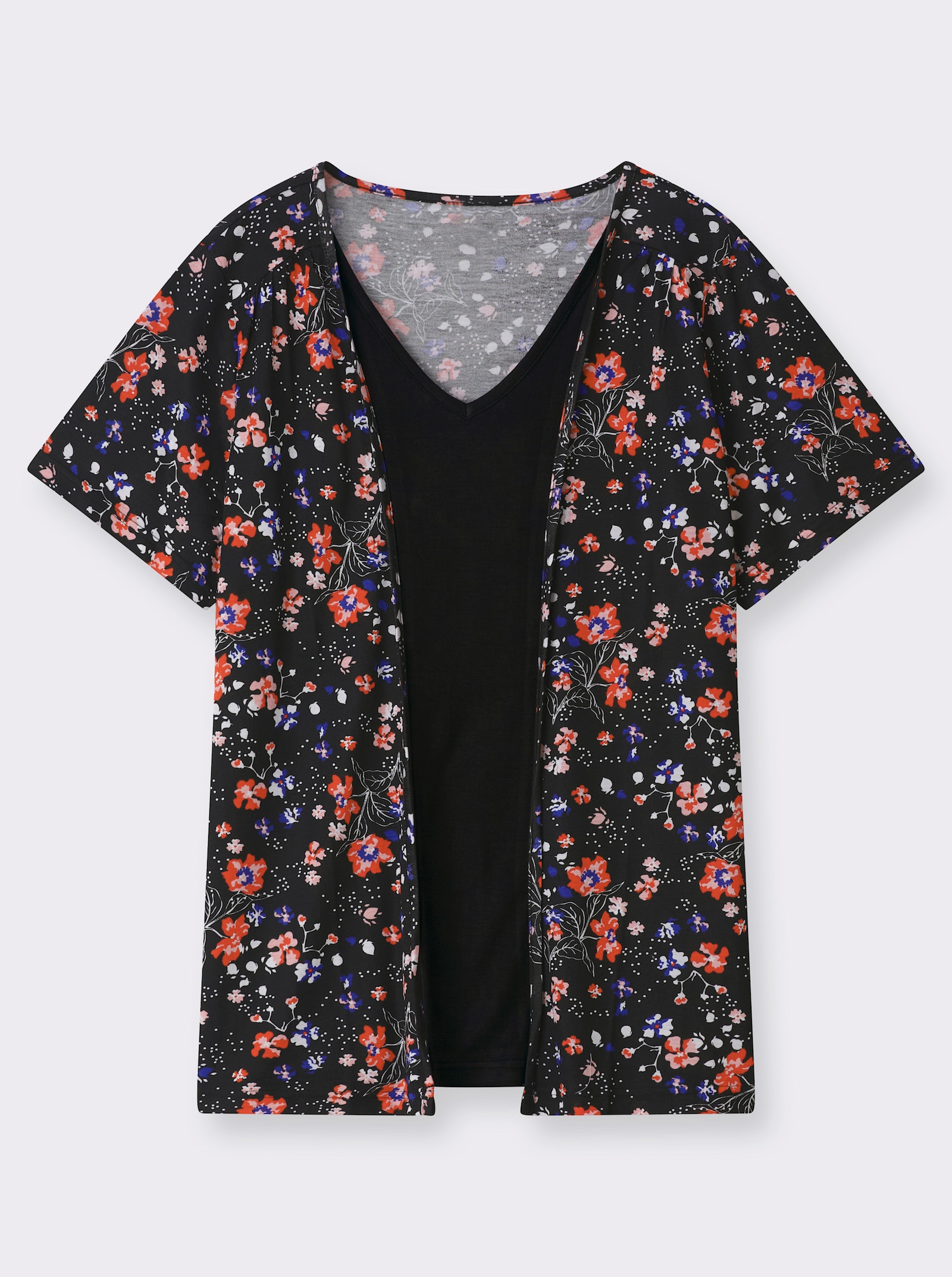 2-in-1-Shirt in längerer Form, reine Viskose - schwarz-erdbeere-bedruckt