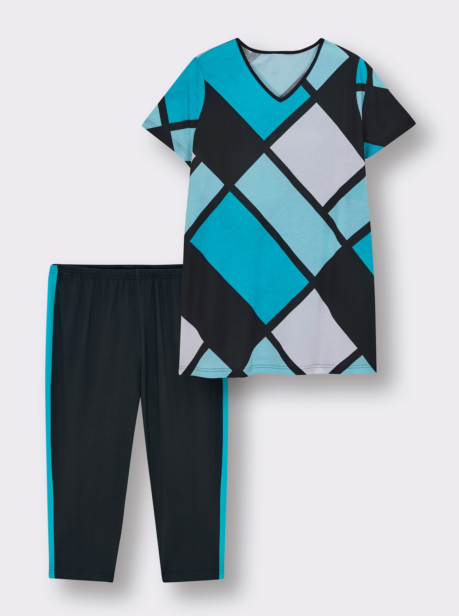 wäschepur Caprianzug mit Grafik-Dessin - schwarz-türkis-bedruckt
