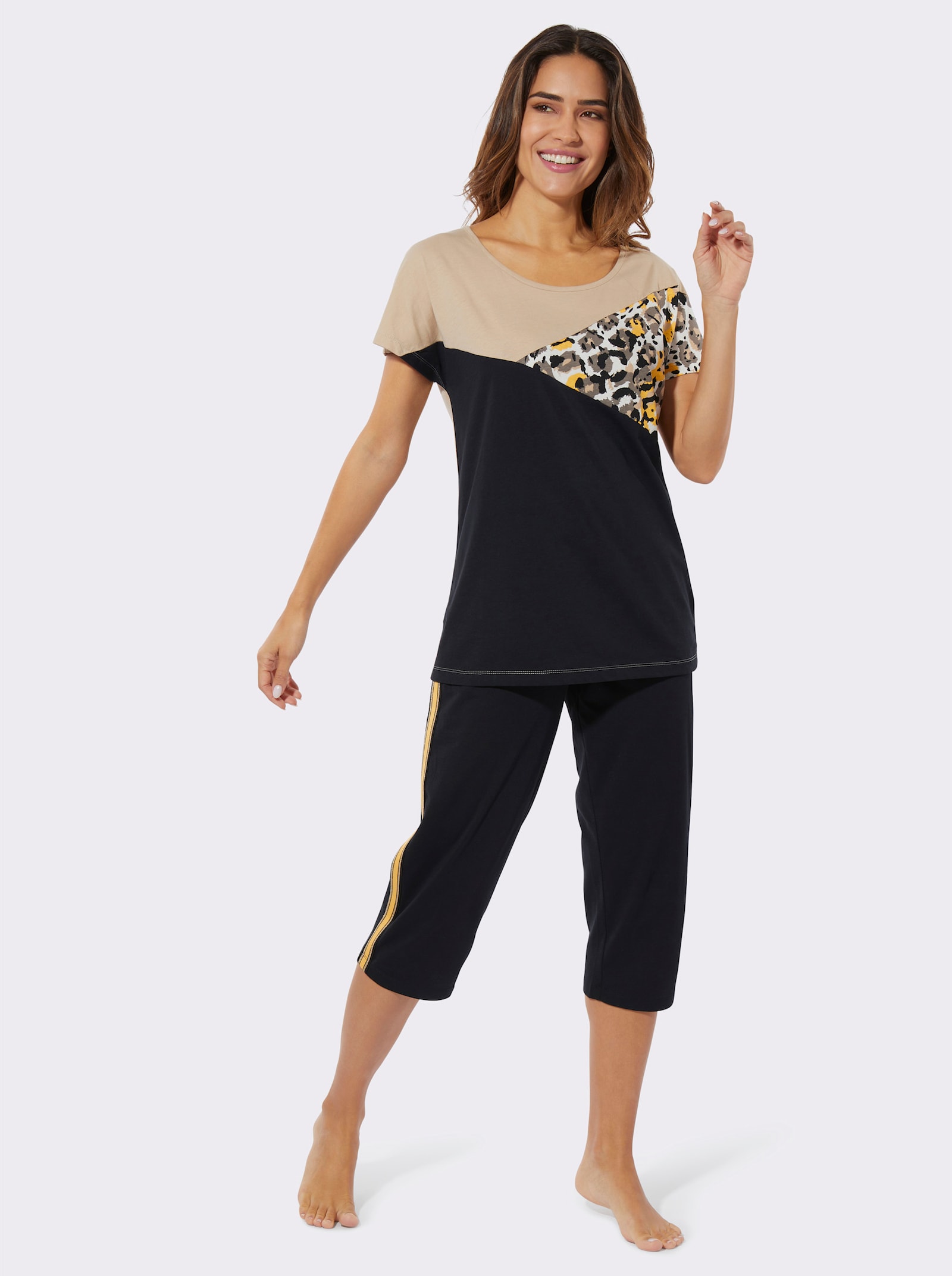 Pyjamas med capribyxa och leopardtryck - beige-svart