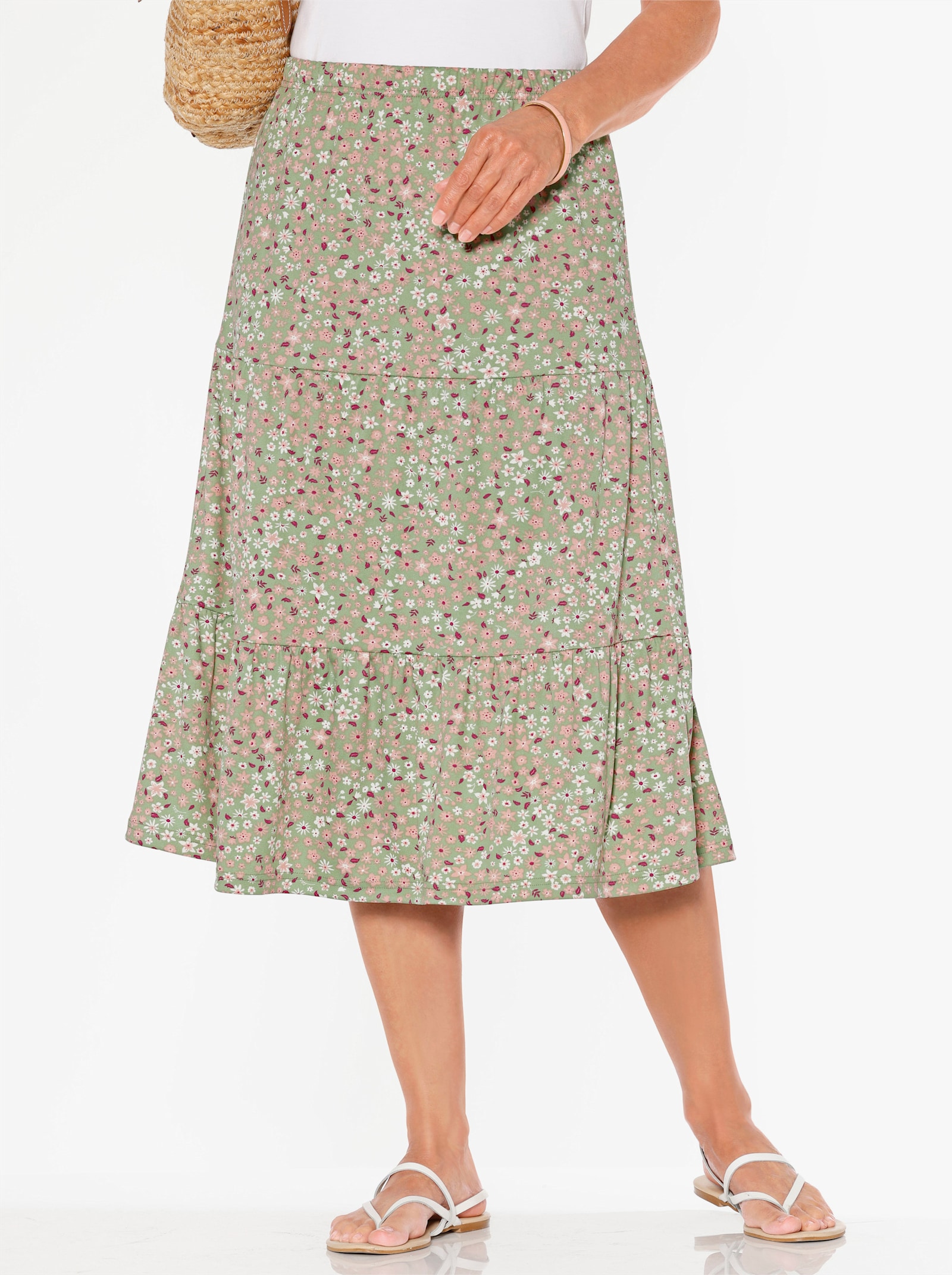 Trikåkjol med nivåskärning, blommig - eukalyptus-rosenkvarts-tryck