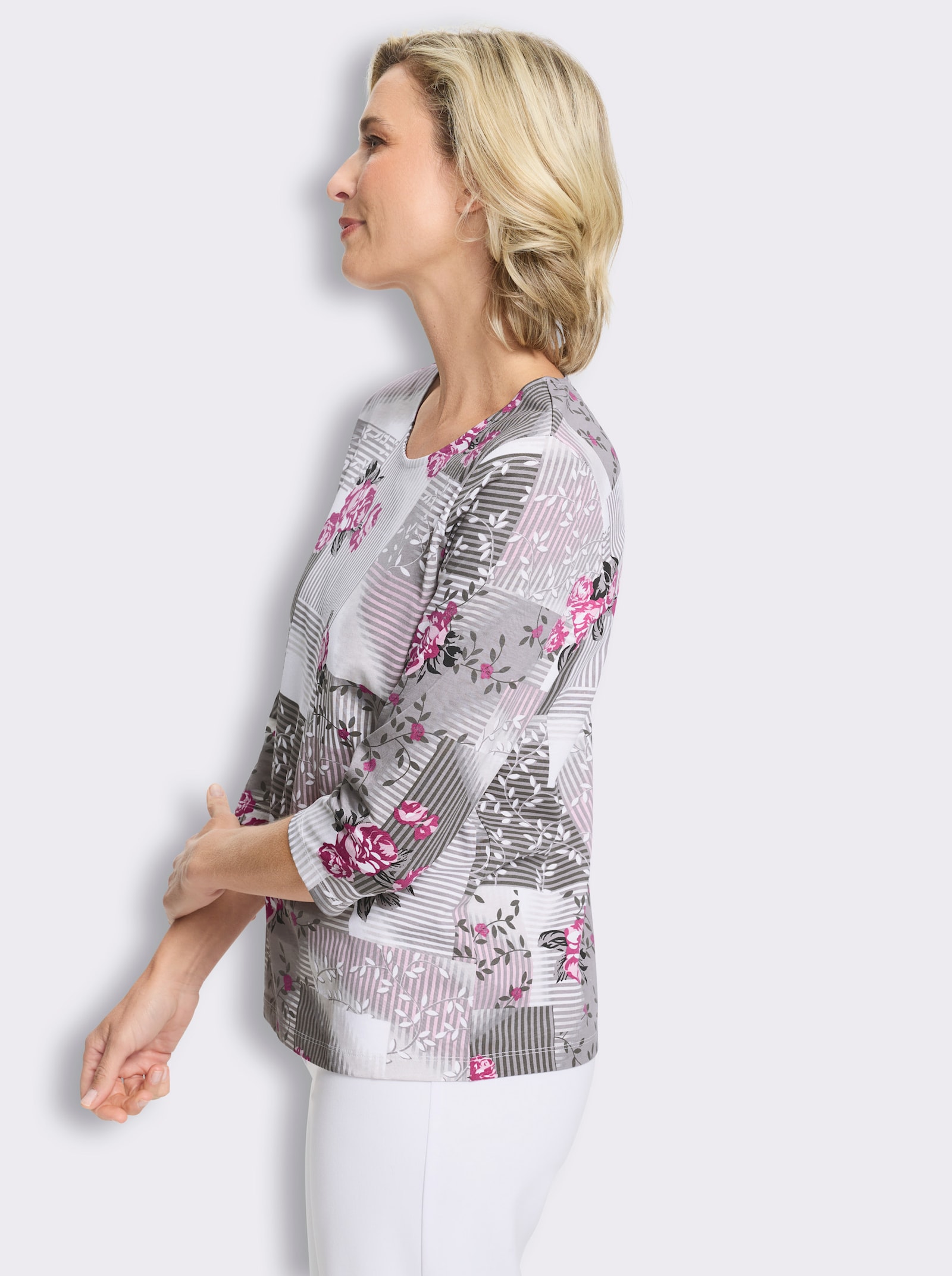 Kurzarmshirt mit Patch-Muster, Baumwolle - rosé-steingrau-bedruckt