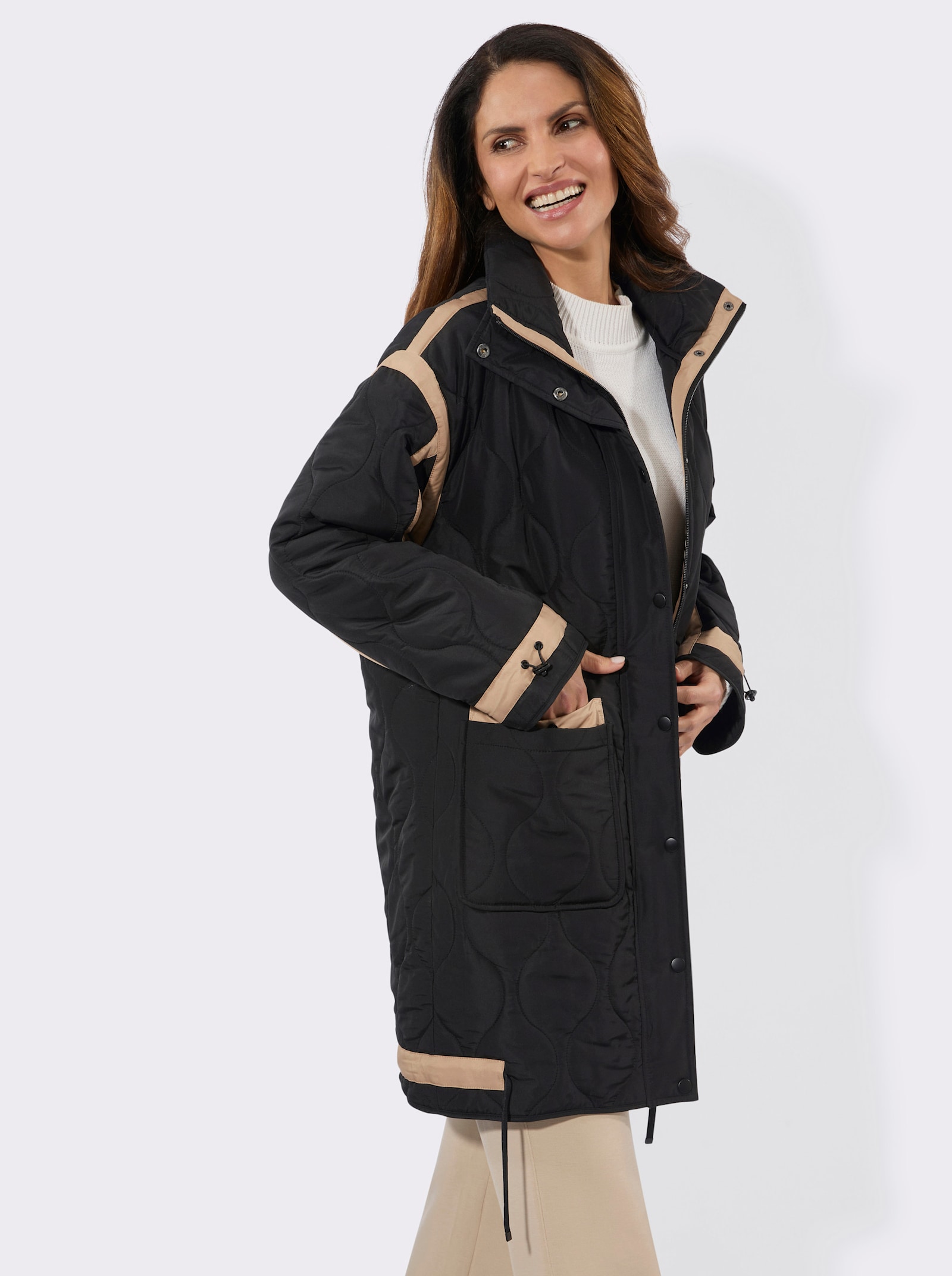 Steppjacke in Longform - schwarz-camel
