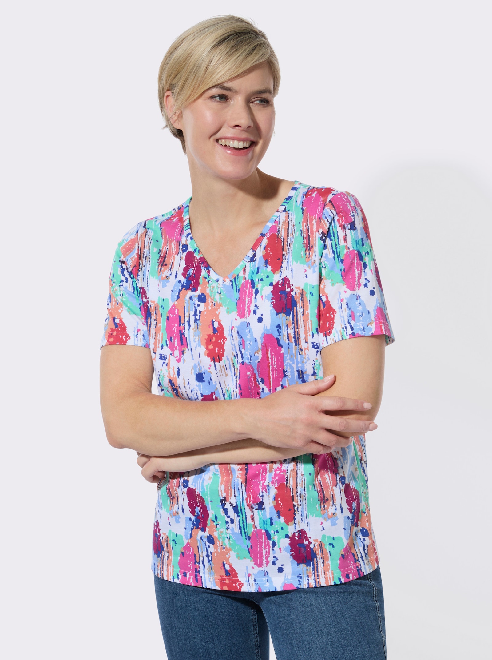 V-Shirt mit grafischem Muster - himmelblau-fuchsia-bedruckt