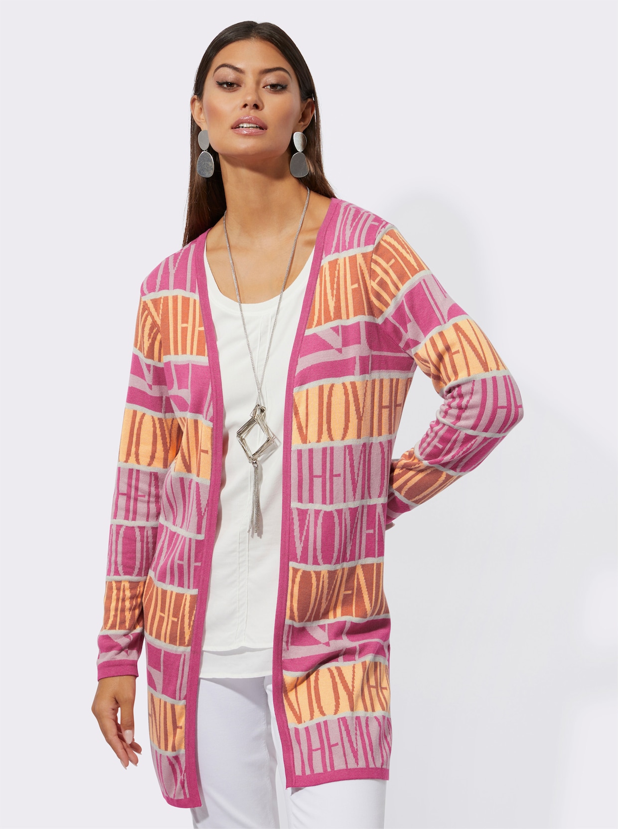 Longstrickjacke - fuchsia-papaya-gemustert