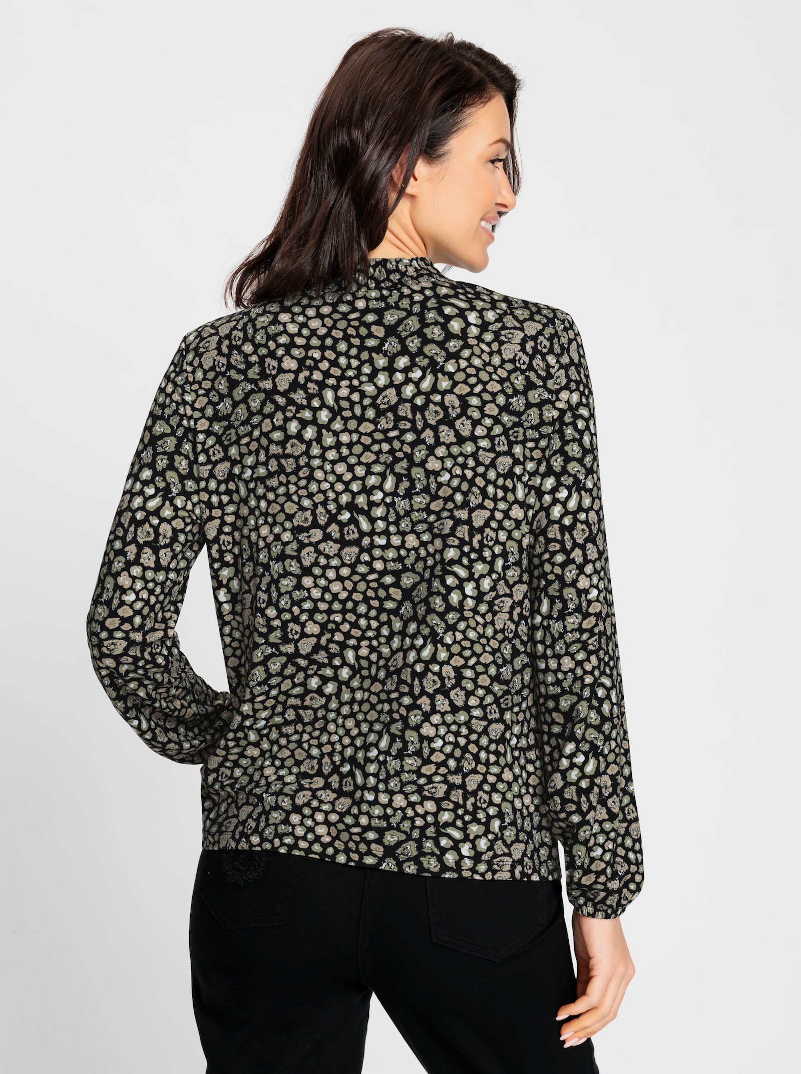 Stehkragenshirt mit Smokdetail - schwarz-schilf-bedruckt