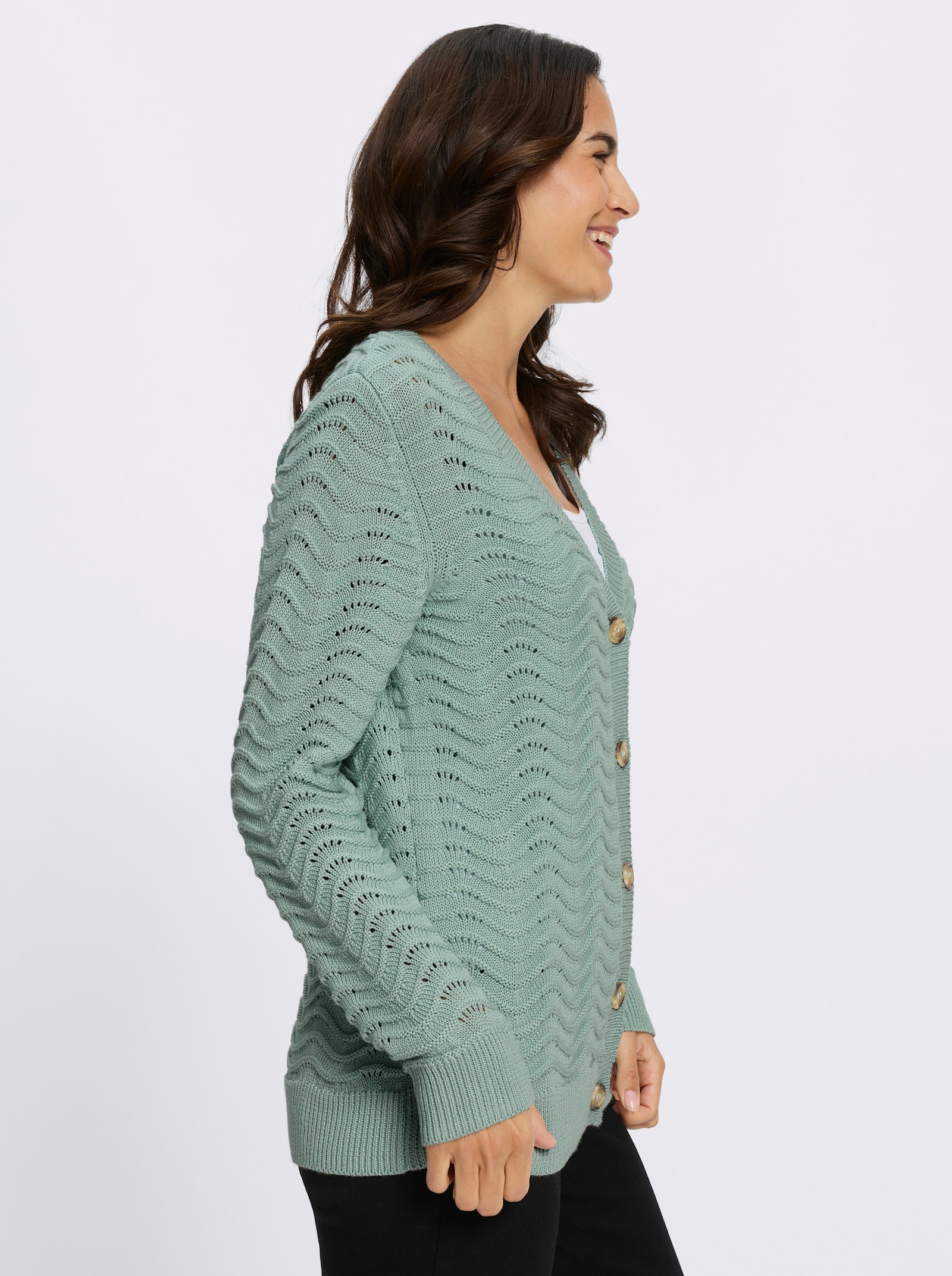 Strickjacke mit wellenförmigem Ajourmuster - kalkmint