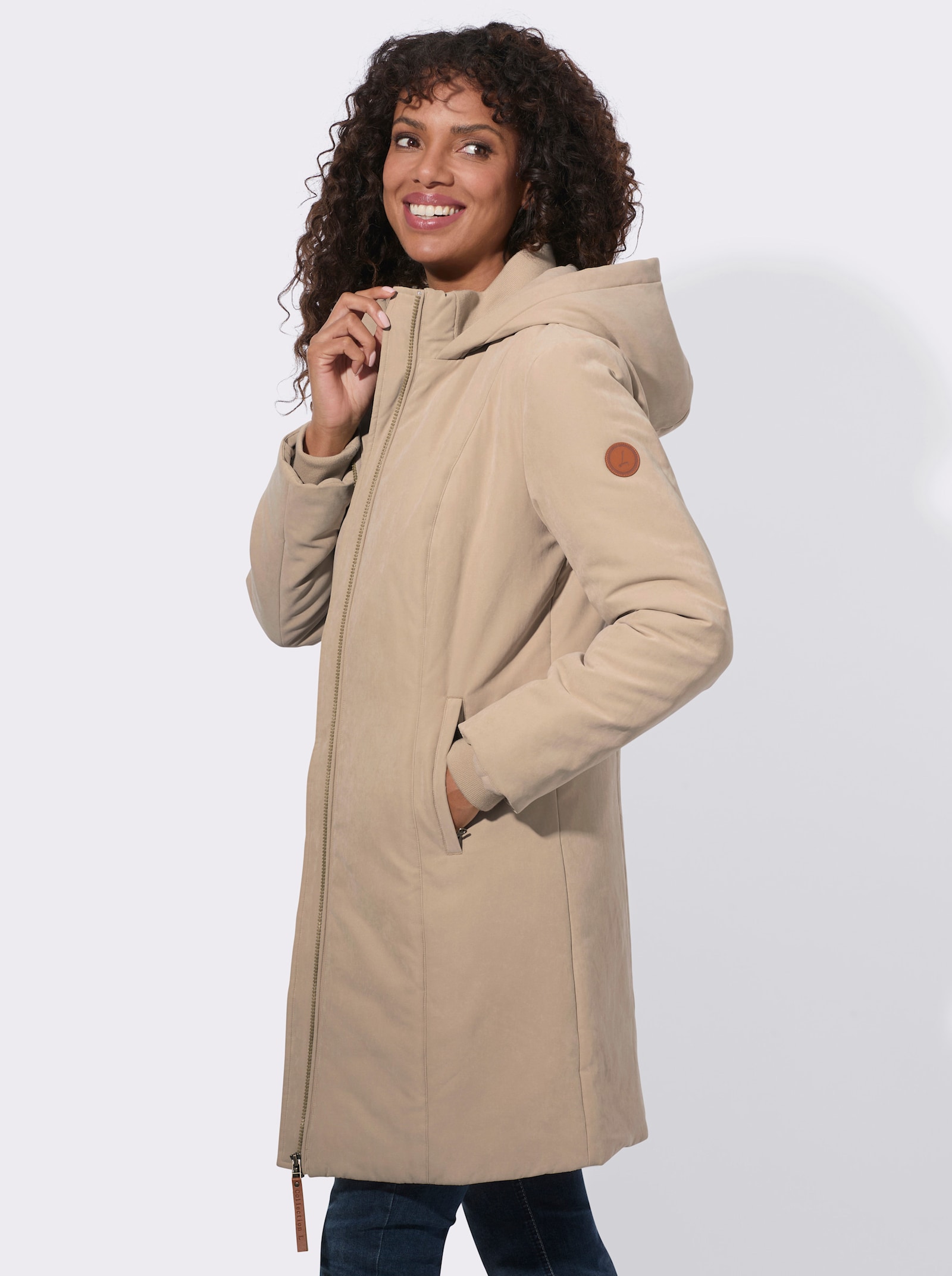  Kapuzenjacke mit Reißverschluss-Taschen - beige