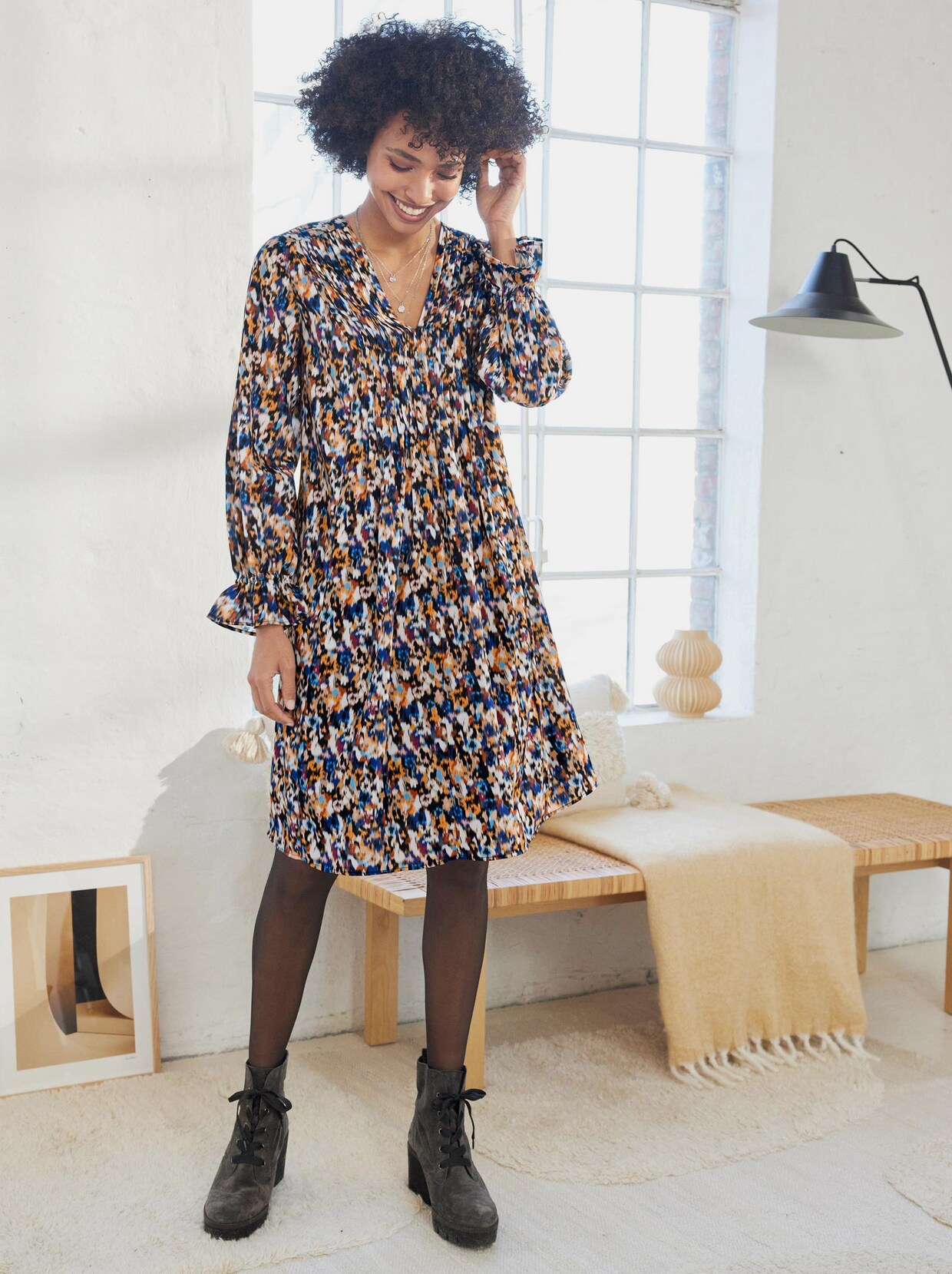 Linea Tesini Druck-Kleid - himmelblau-camel-bedruckt