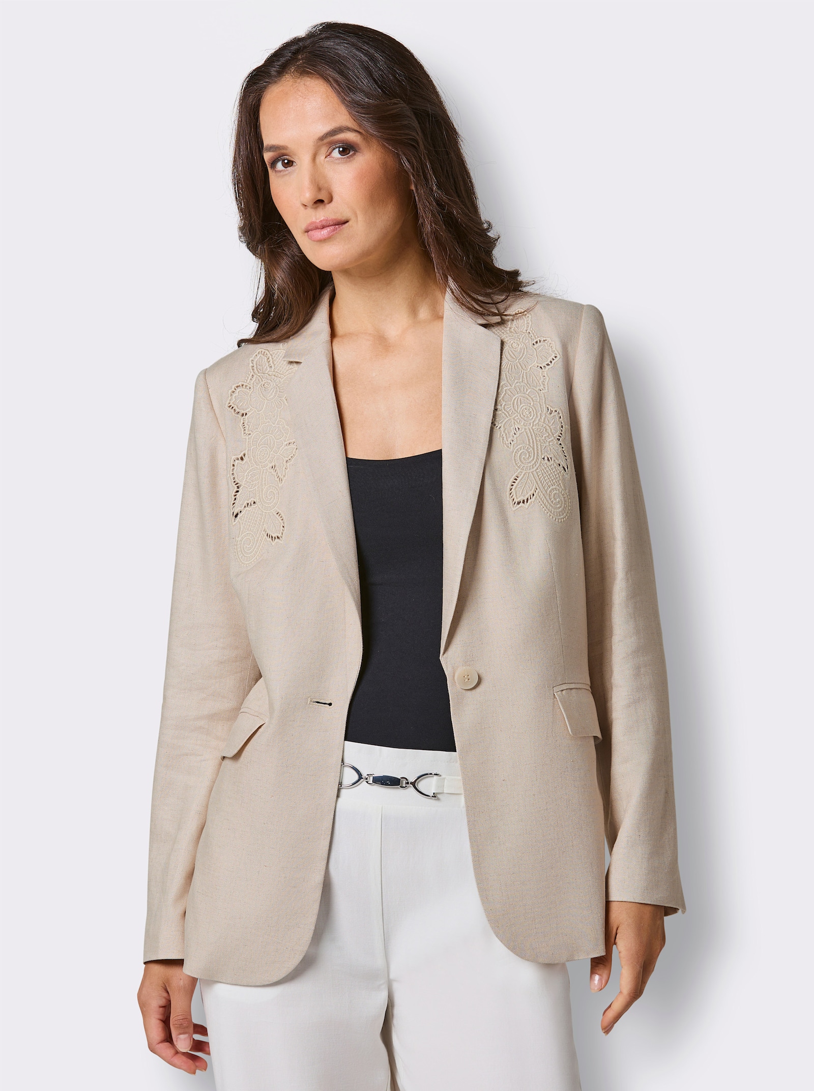 CREATION L PREMIUM Leinenblazer mit Stickerei - sand-meliert