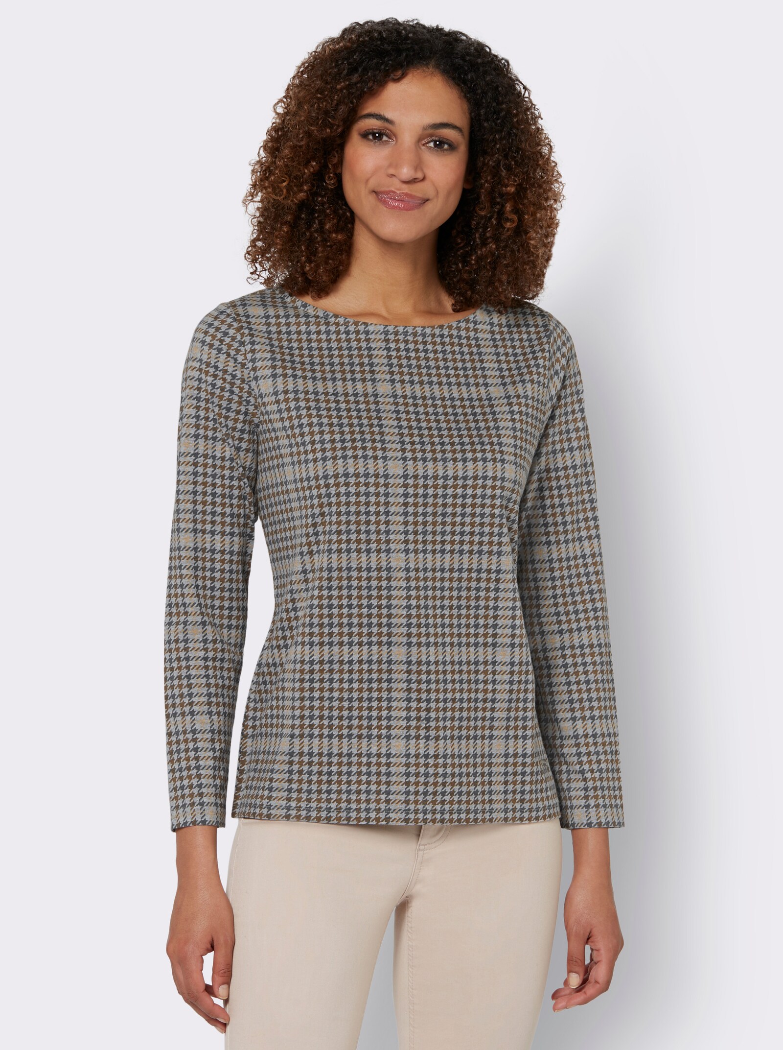 Langarmshirt im Hahnentritt-Dessin - camel-gemustert