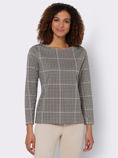 Langarmshirt im Hahnentritt-Dessin - camel-gemustert