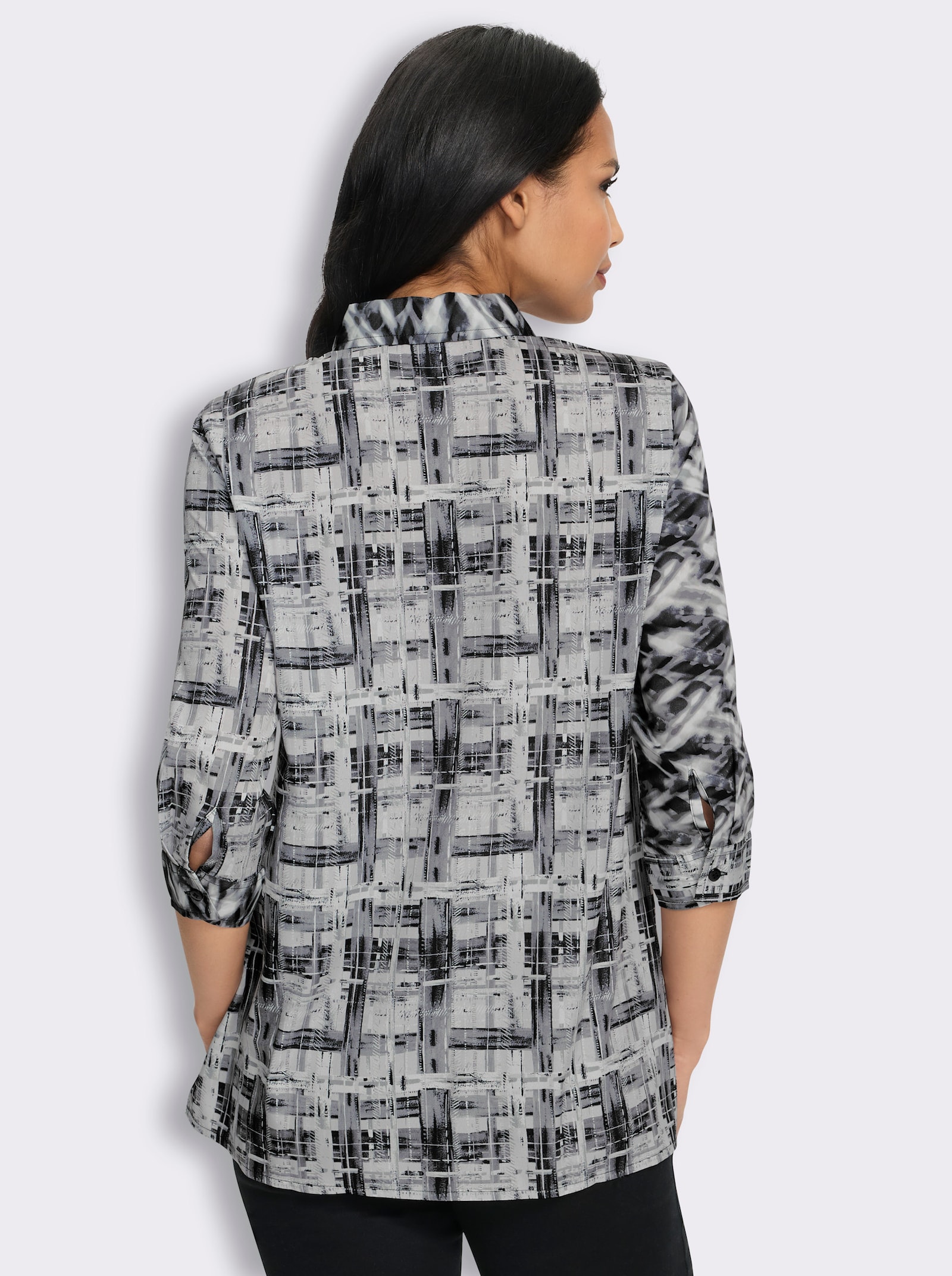 Longbluse in leichter A-Linie - ecru-schwarz-bedruckt