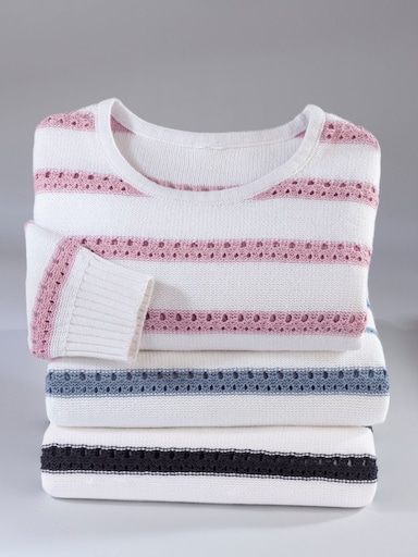 Rundhalspullover im gestreiften Strickmuster - marine-ecru-gestreift