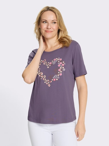 Tričko s kulatým výstřihem se srdíčkovým potiskem - fíková-hnědá-potisk