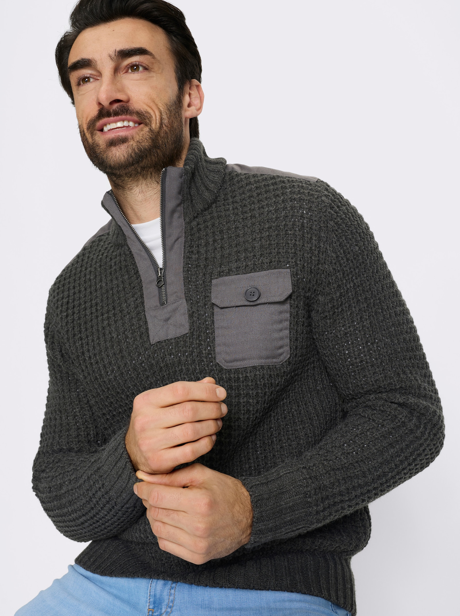 Marco Donati Langarm-Pullover mit gewebten Besätzen - graphit-meliert