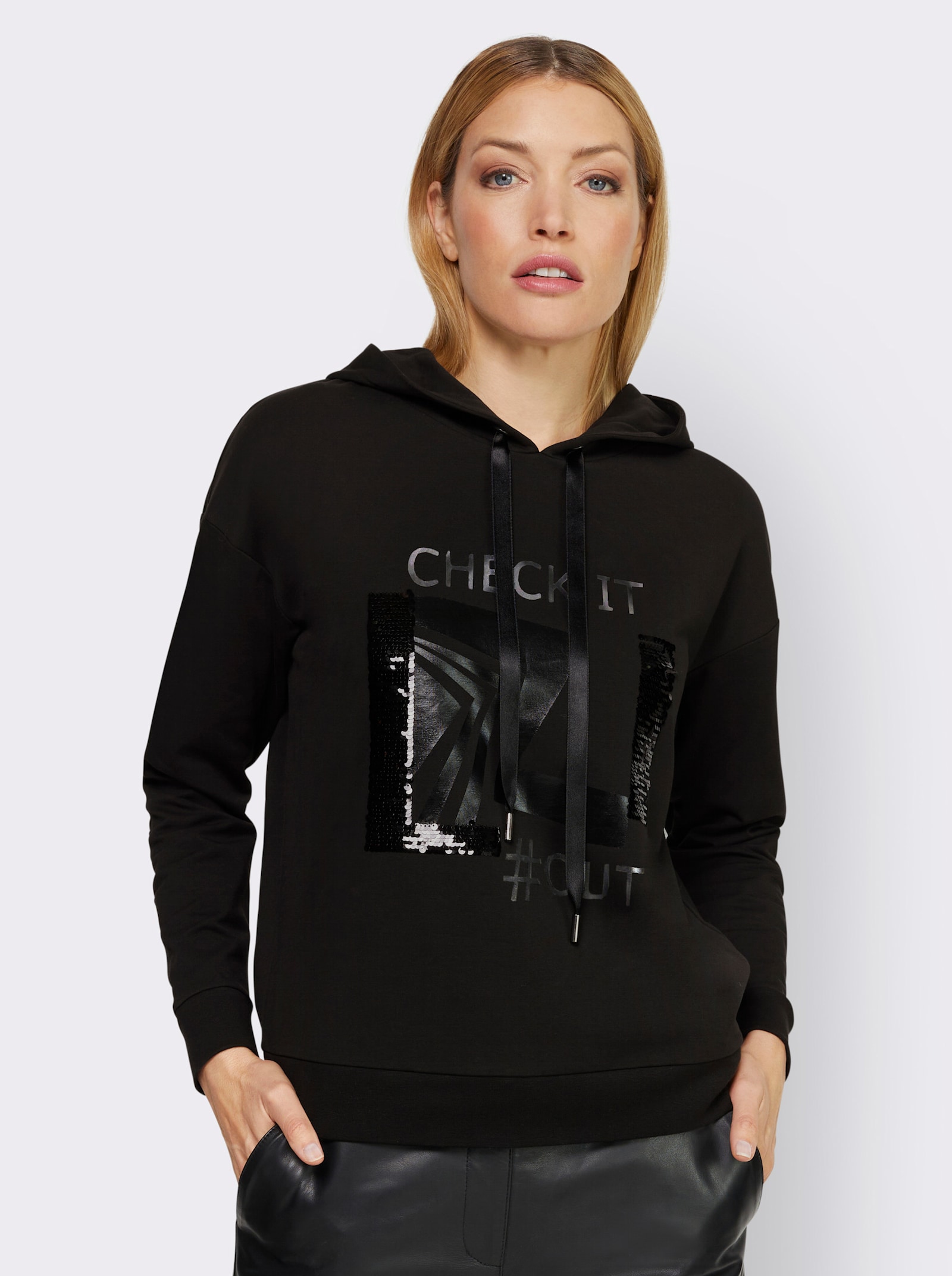 heine Kapuzensweatshirt mit Pailletten - schwarz-bedruckt