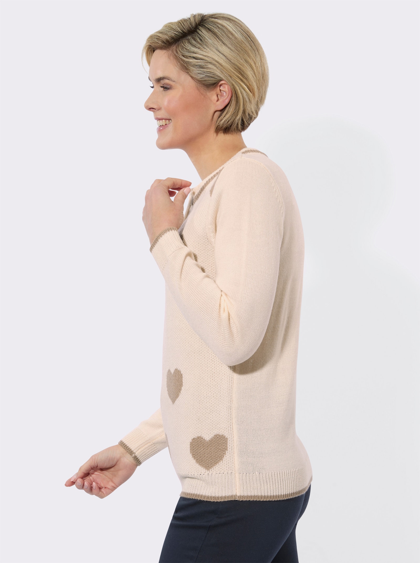 Langarm-Pullover mit Herz-Muster - champagner-sesam-gemustert