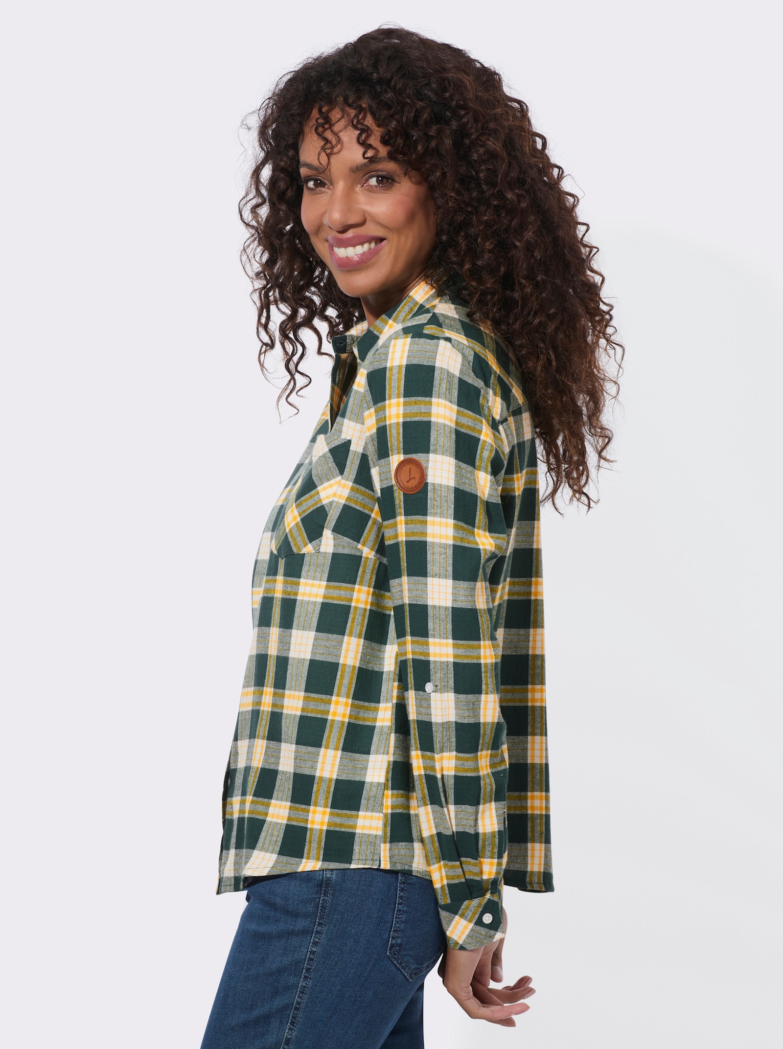  Flanellbluse mit abgerundetem Saum - moos-ecru-kariert