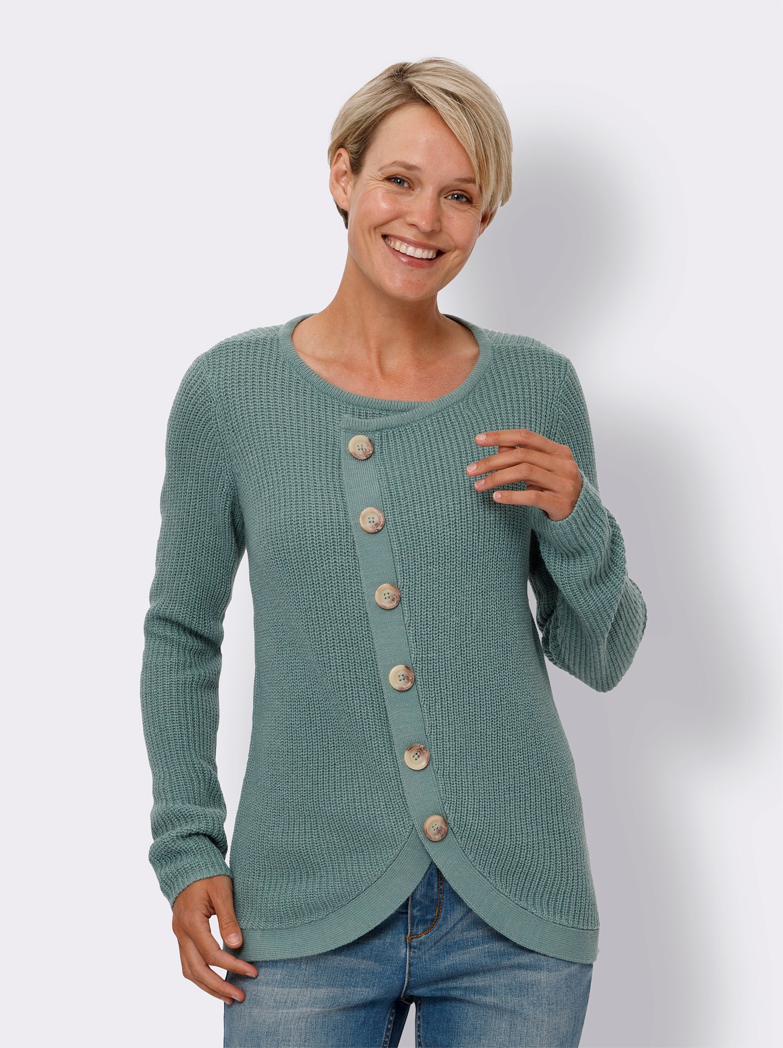 Langarm-Pullover mit Zierknopfleiste - jade