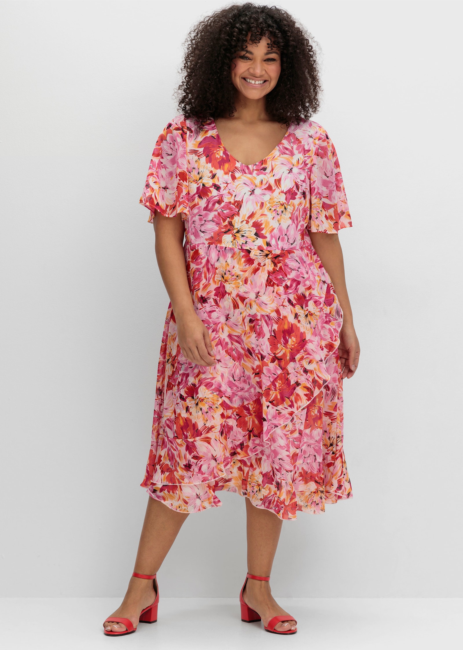 sheego by Joe Browns Chiffonkleid mit Blumendruck und Flügelärmeln - sorbet pink-gemustert