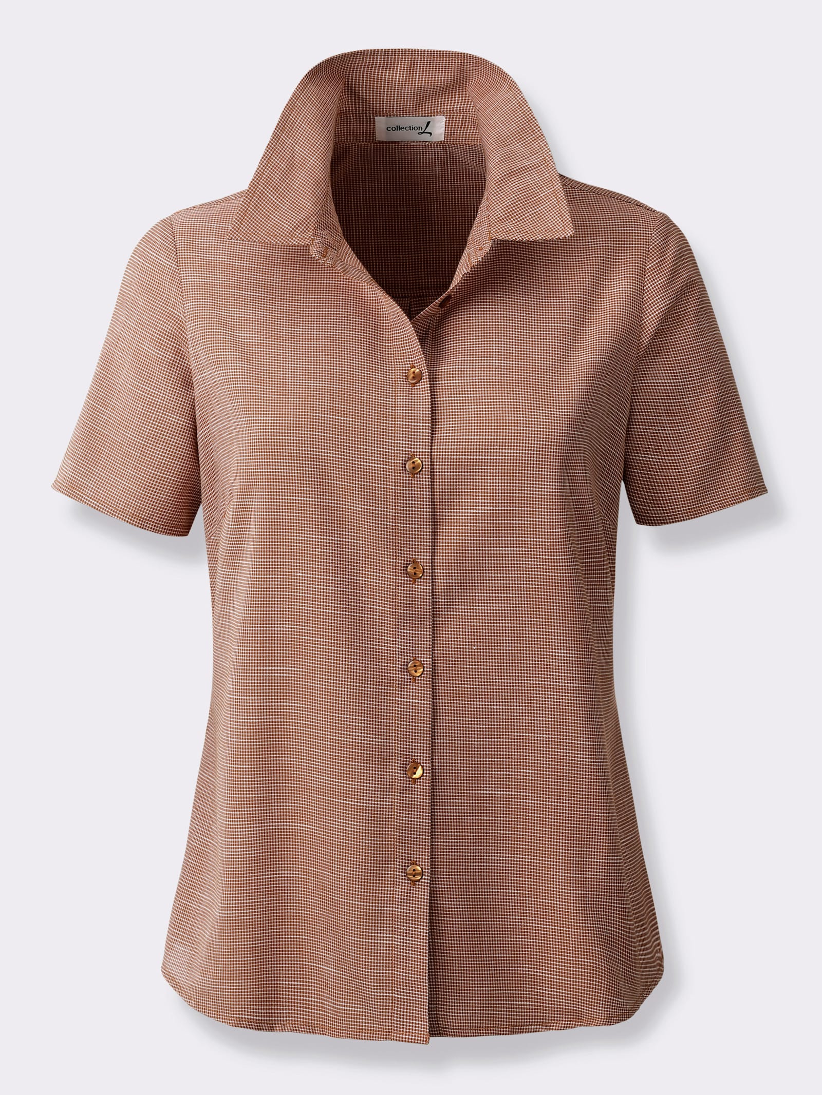 Kurzarm-Bluse mit abgerundetem Saum - cognac-weiß-gemustert