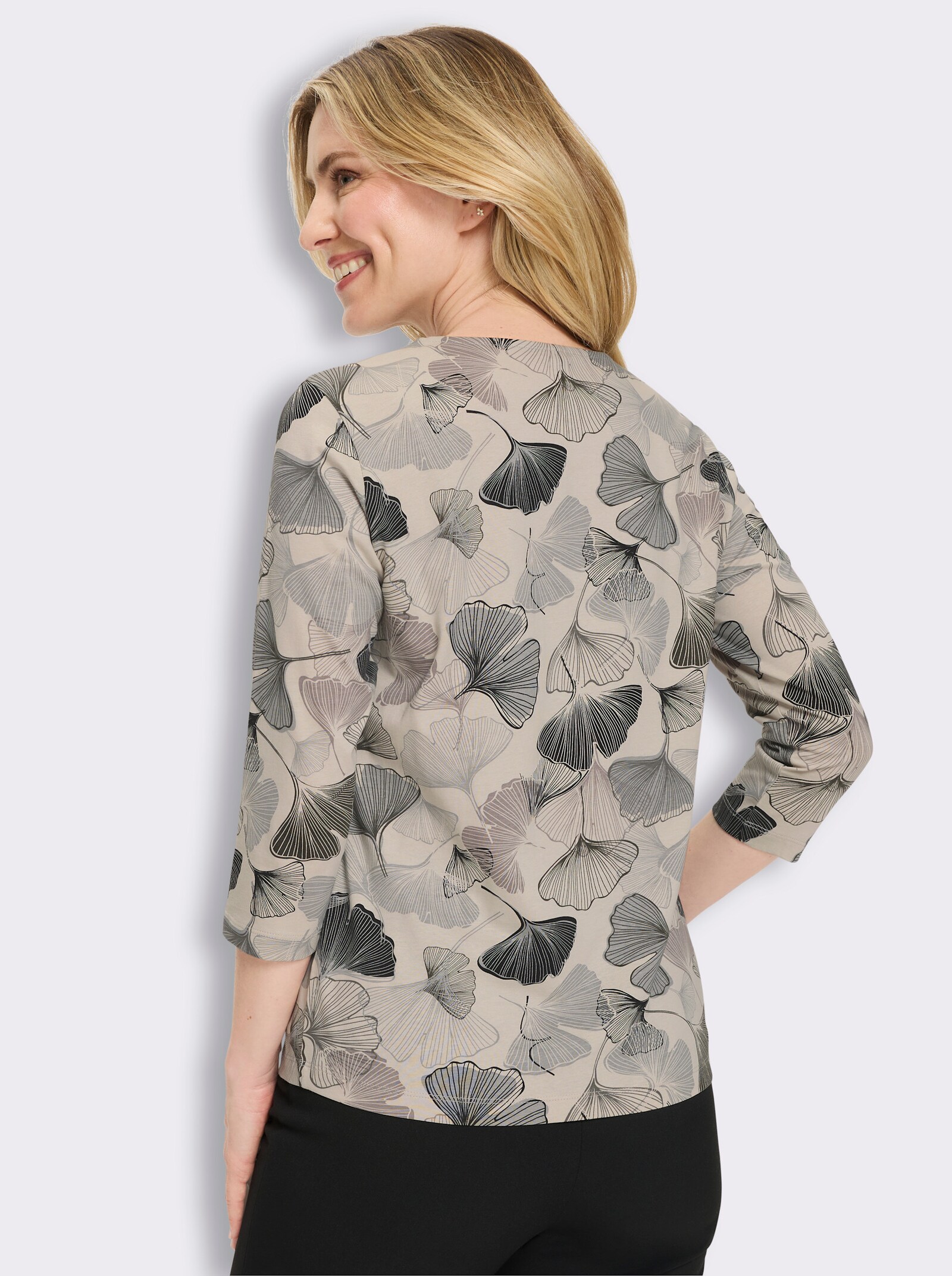 3/4-Arm-Shirt mit Ginkgo-Muster - hellgrau-schwarz-bedruckt