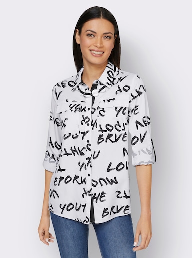 Hemdbluse mit 3/4-Ärmeln, reines Lyocell - weiß-schwarz-bedruckt