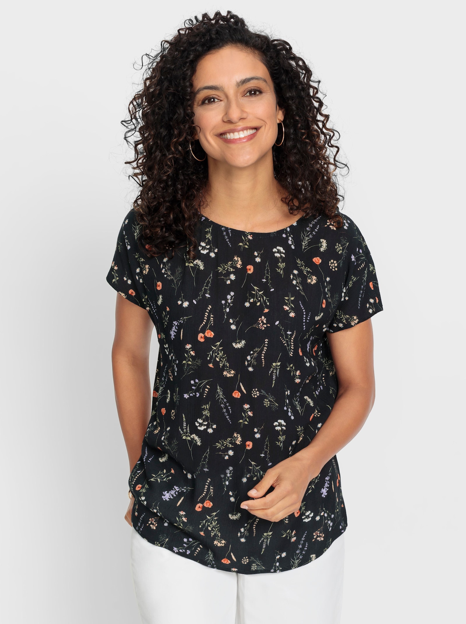Schlupfbluse mit Blümchen-Druck - schwarz-bedruckt