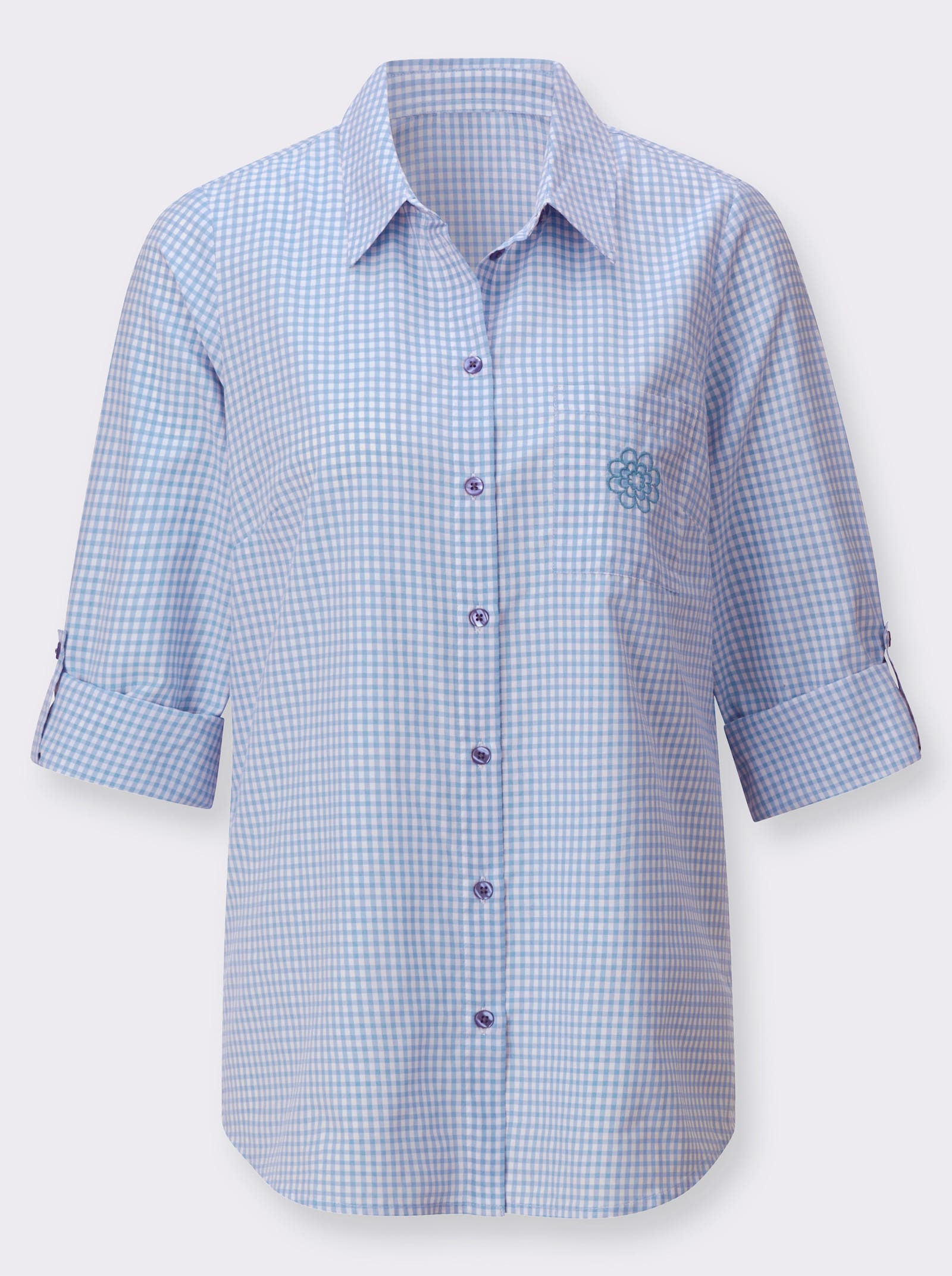 Longbluse im pflegeleichten Materialmix - himmelblau-weiss-kariert