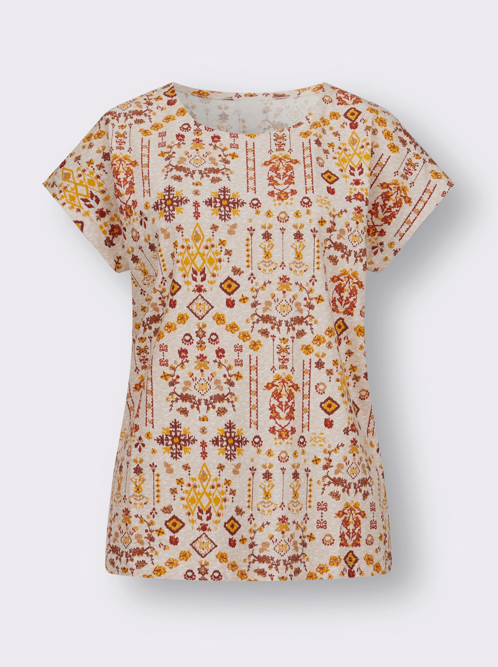Rundhals-Shirt - elfenbein-rotbraun-bedruckt