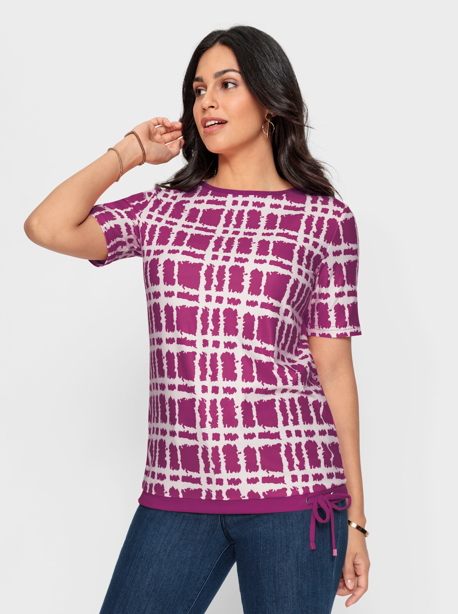 Kurzarmshirt mit Bindebändern - magenta-ecru-bedruckt