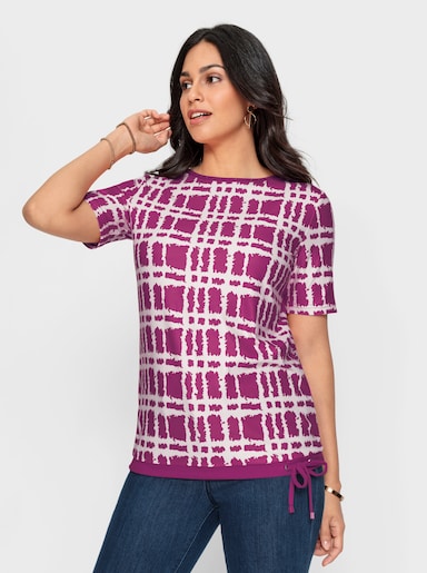 Kurzarmshirt mit Bindebändern - magenta-ecru-bedruckt