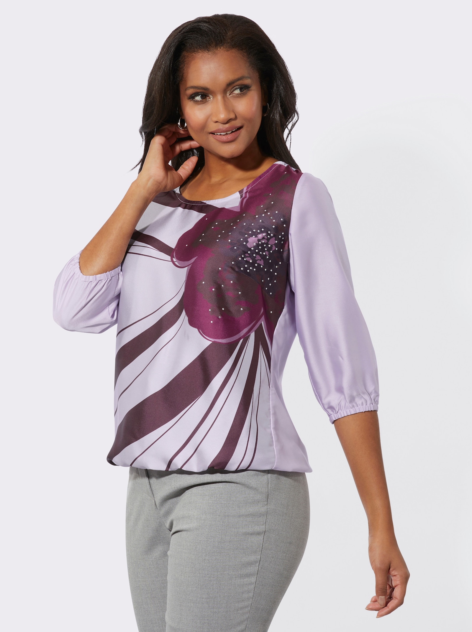 Comfortabele blouse met glittersteentjes - lila/bordeaux bedrukt