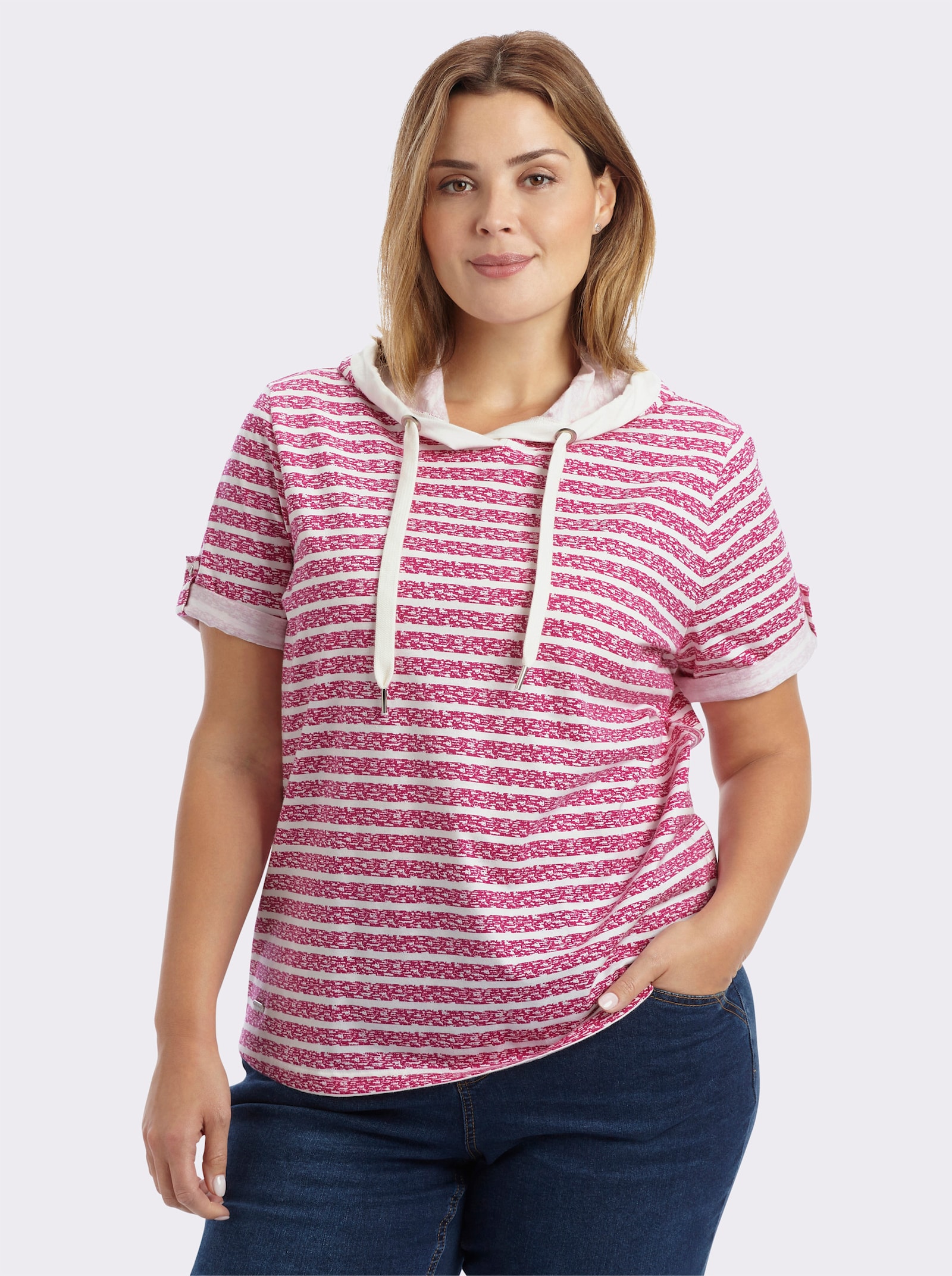 Kapuzenshirt aus reiner Baumwolle - magenta-ecru-geringelt