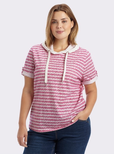 Kapuzenshirt aus reiner Baumwolle - magenta-ecru-geringelt