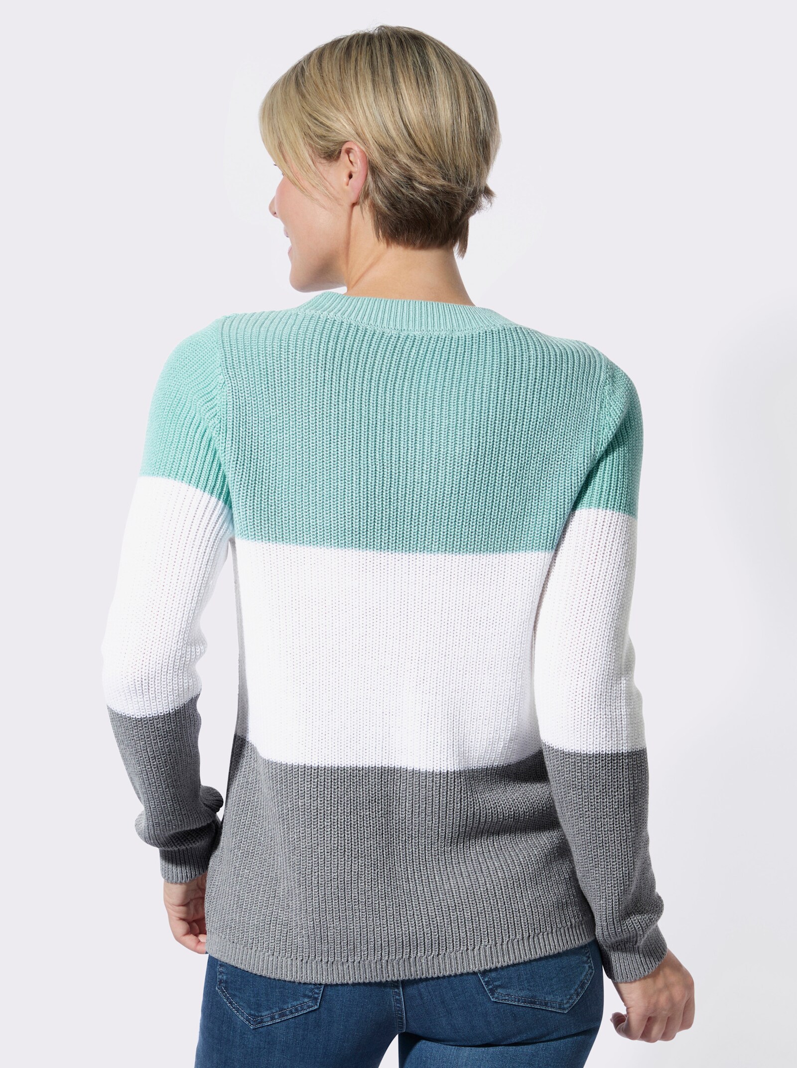 Rundhalspullover mit Strickkordeln - mint-ecru-gemustert