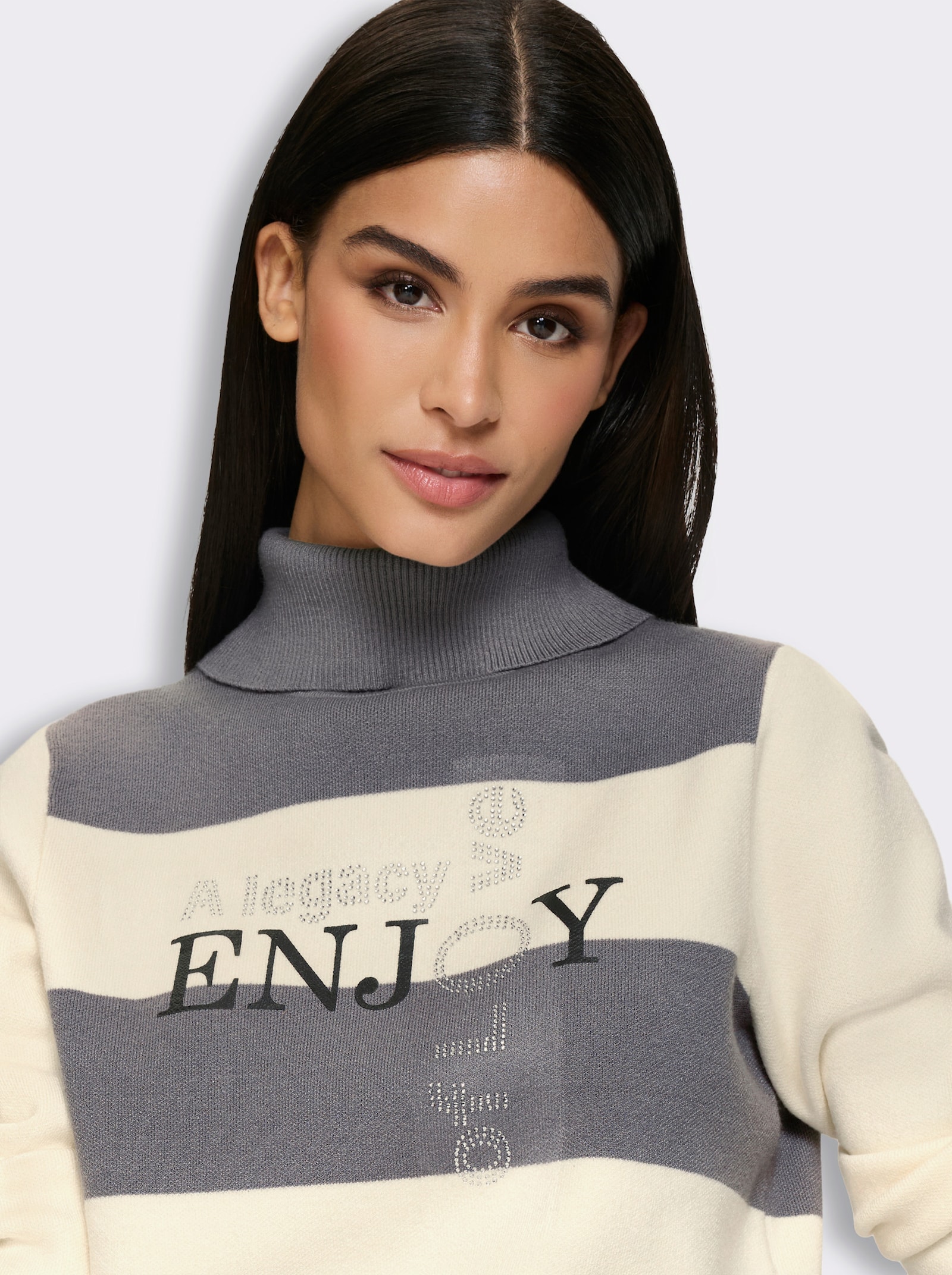 heine Rollkragenpullover mit Blockstreifen - grau-champagner-gestreift