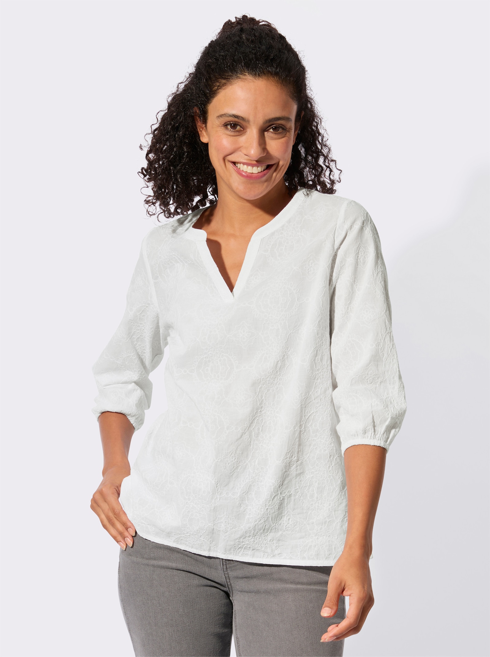 Impressionen Baumwollbluse mit Ton-in-Ton-Stickerei - weiß