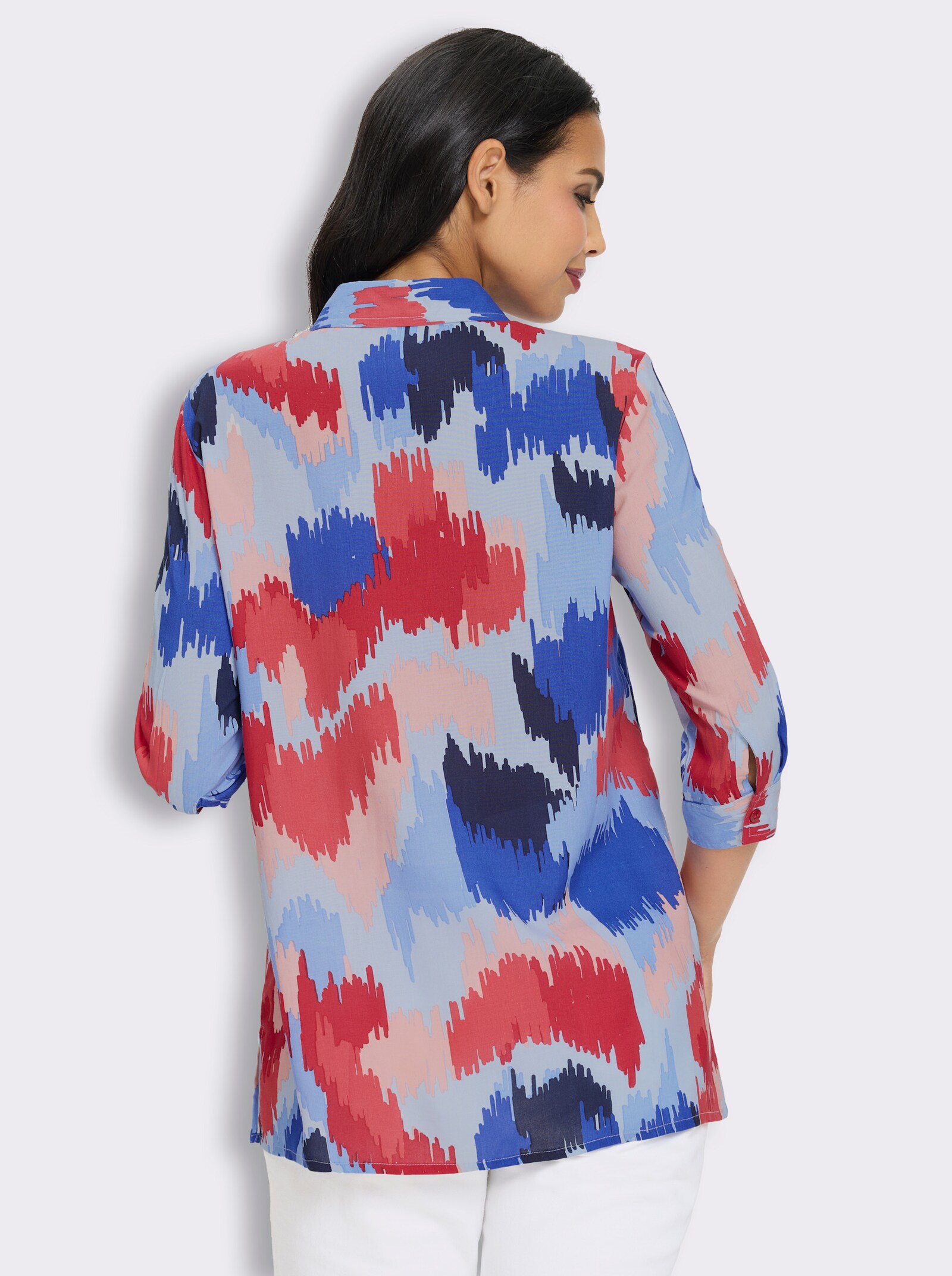 Longbluse in A-Form, aus reiner Viskose - hellblau-erdbeere-bedruckt