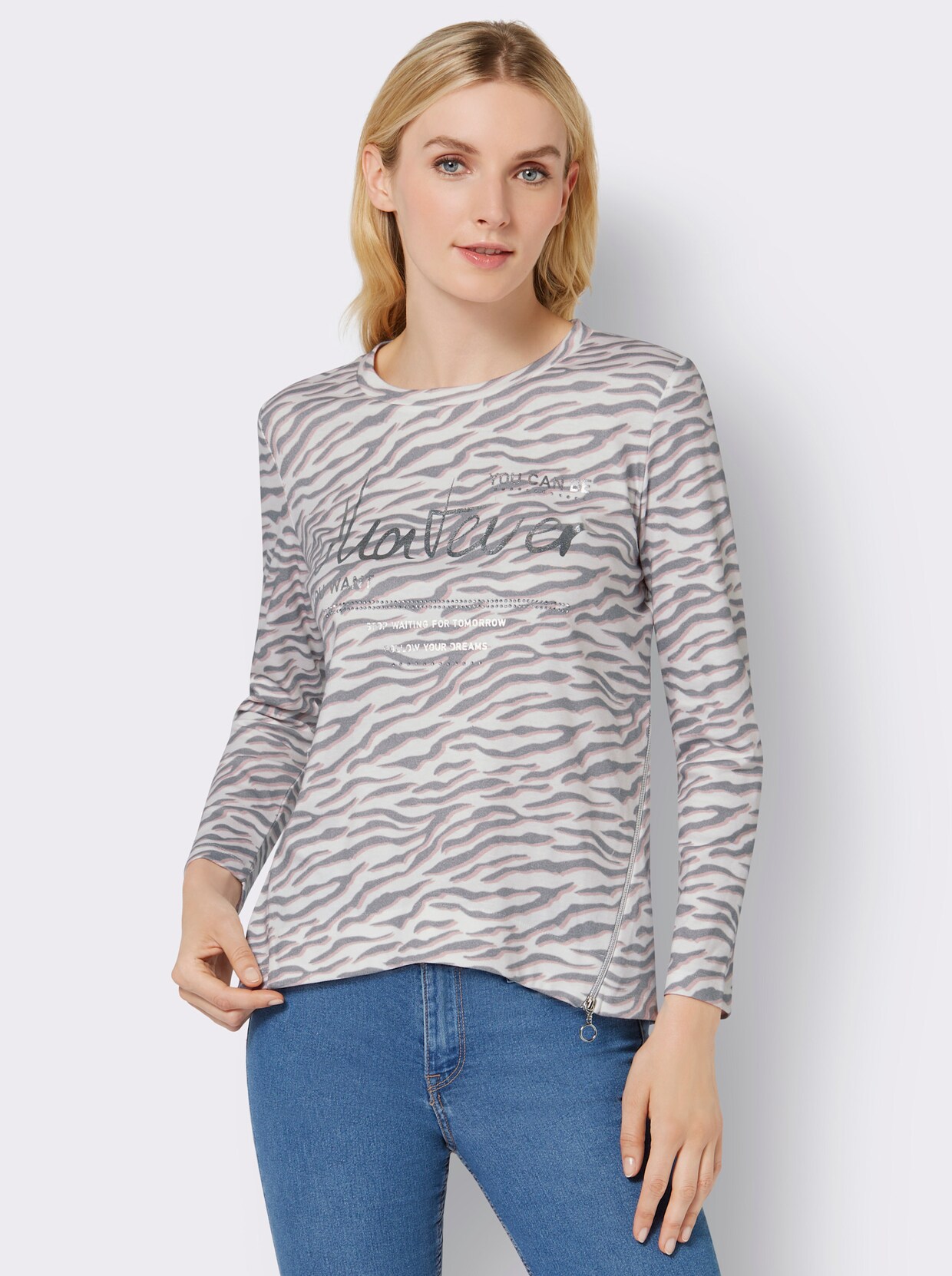 Sweatshirt - weiß-steingrau-bedruckt