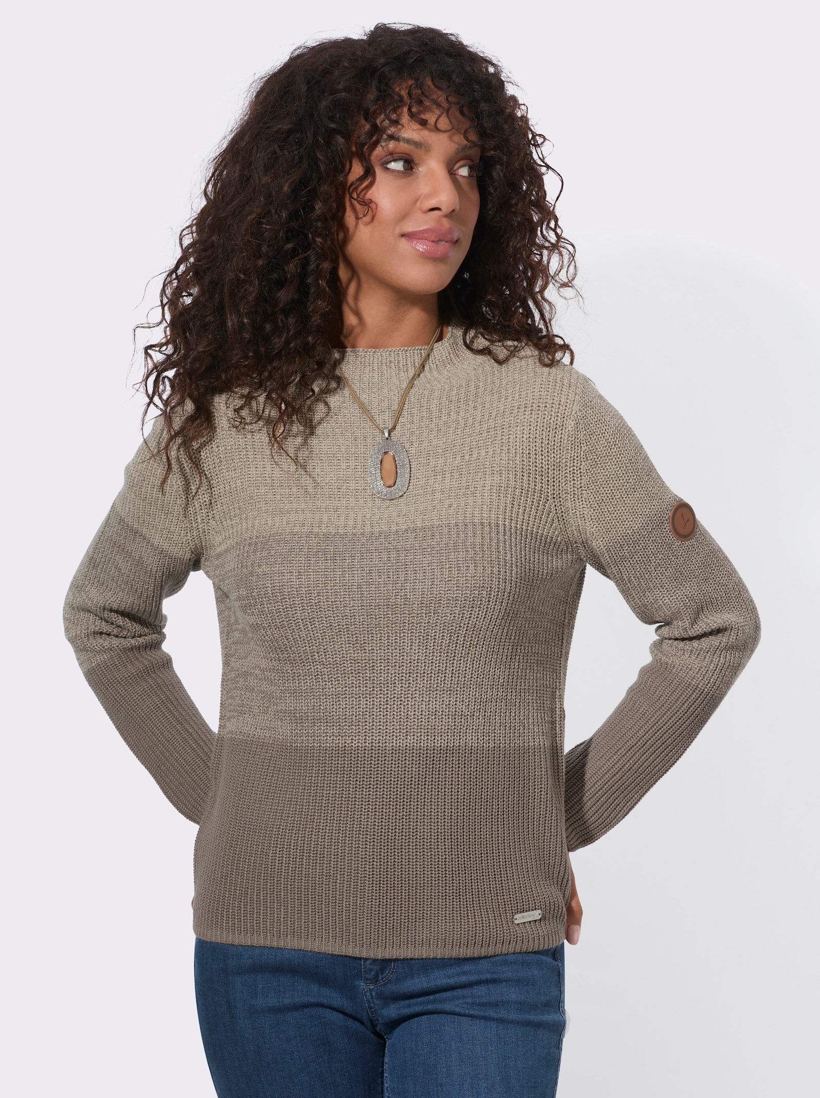 Stehkragenpullover mit Colourblocking - sand-taupe-geringelt