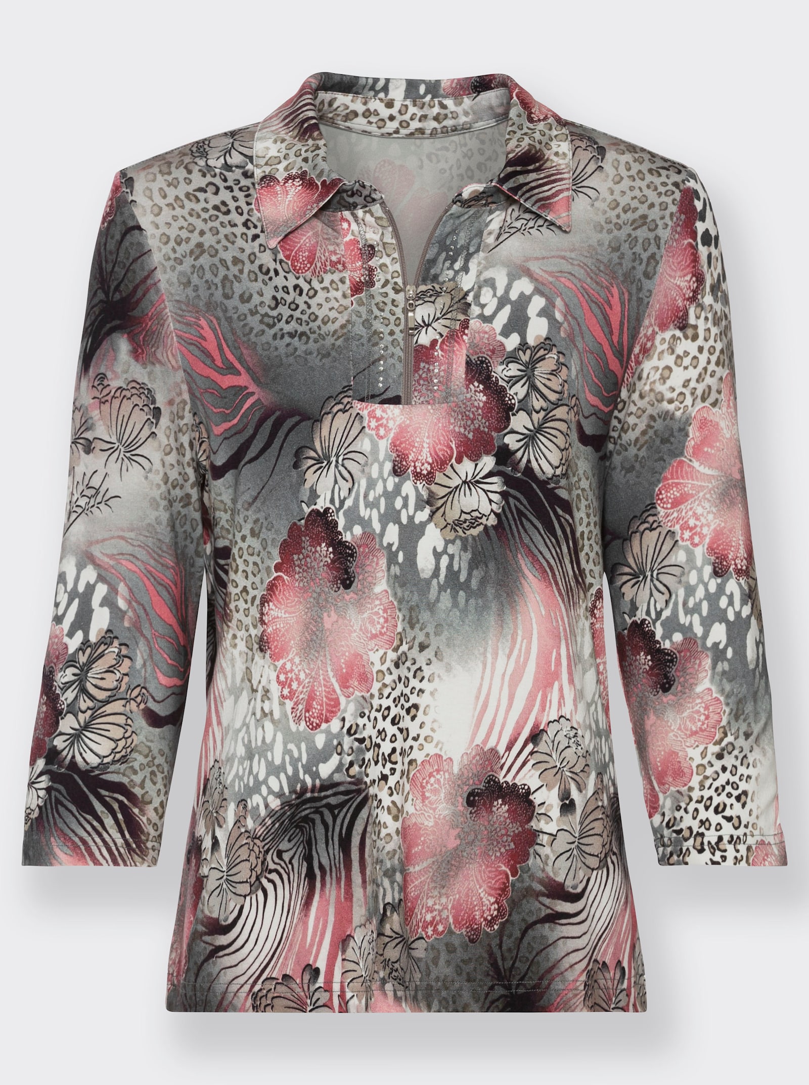 Poloshirt in elastischer Viskose-Qualität - flamingo-steingrau-bedruckt